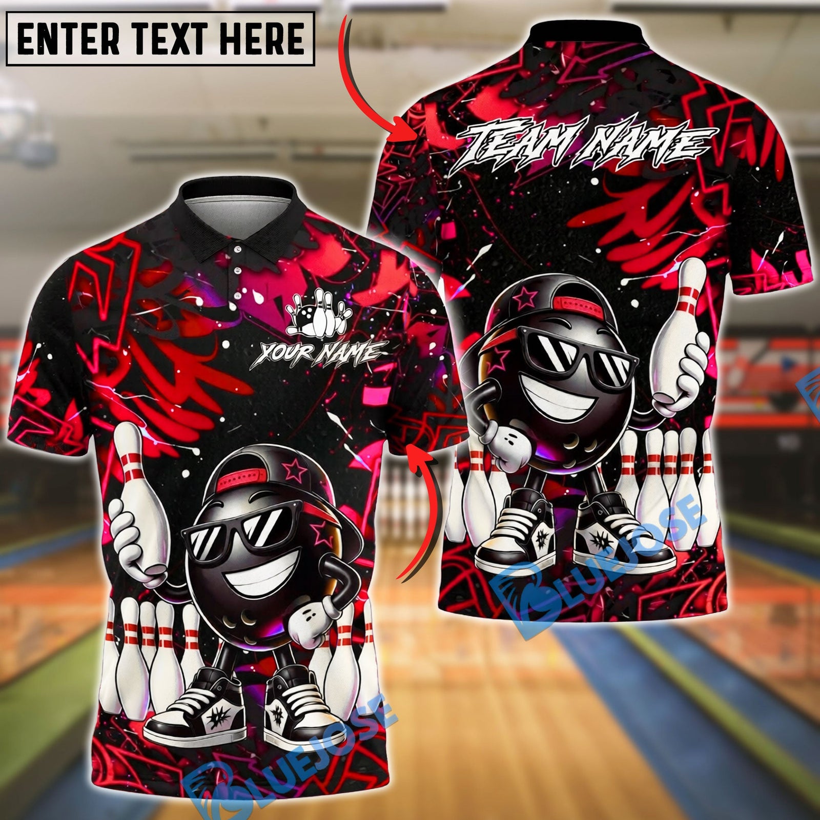 BlueJose Bowling And Pins Graffiti Funny Character Star Mark Customized Name, Team Name 3D Shirt (4 Colors)