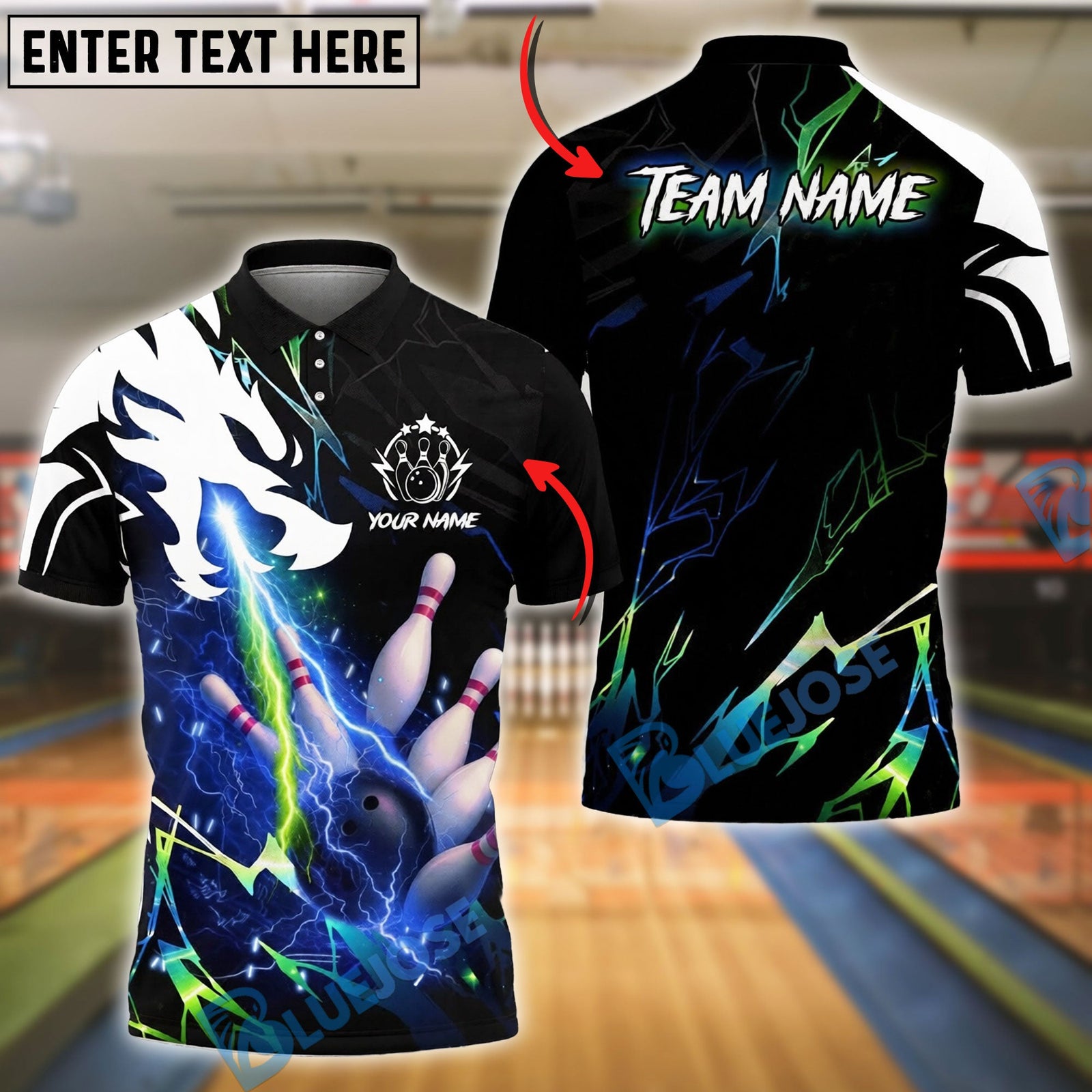 BlueJose Bowling And Pins Lightning Neon Thunder Dragon Breath Customized Name, Team Name 3D Shirt (4 Colors)