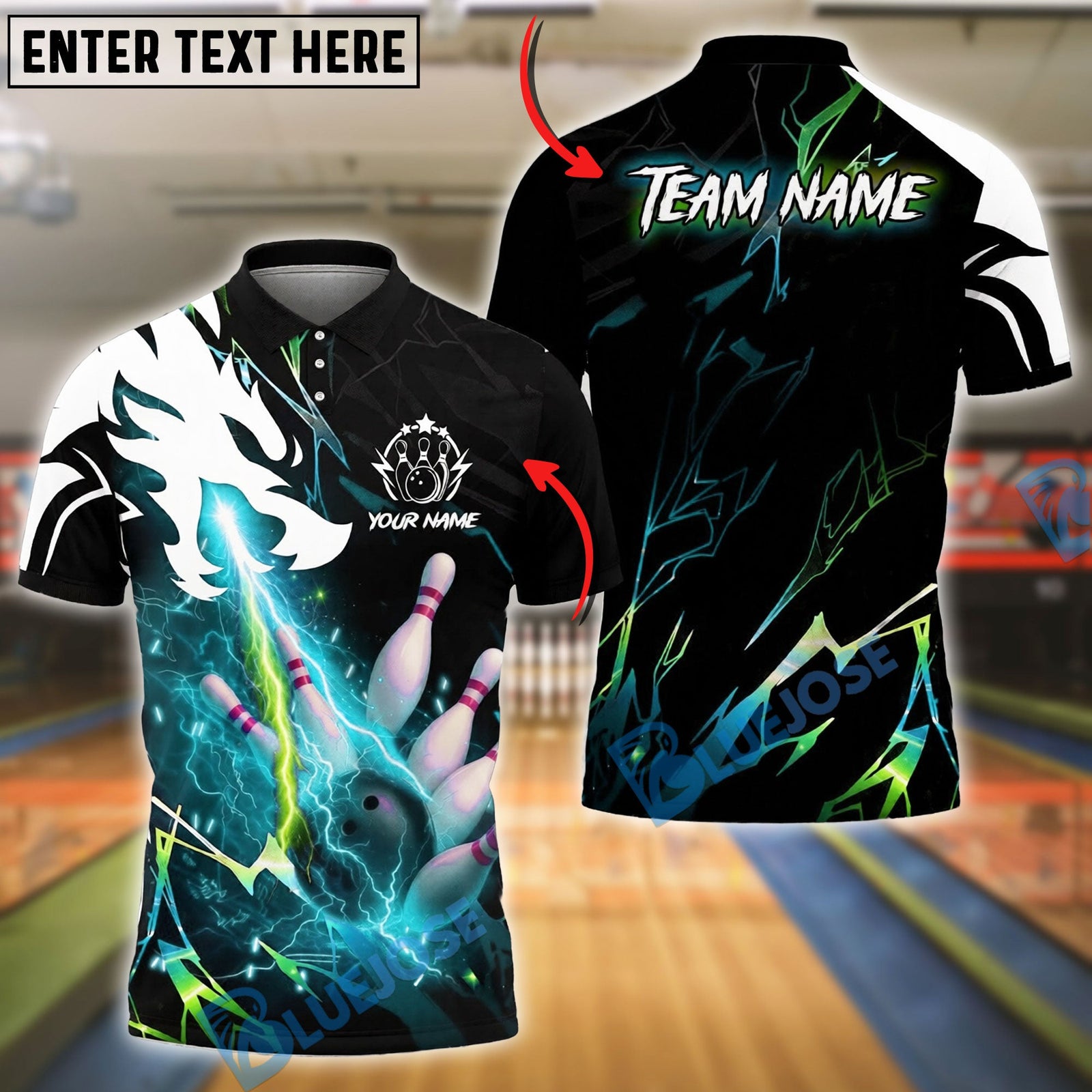 BlueJose Bowling And Pins Lightning Neon Thunder Dragon Breath Customized Name, Team Name 3D Shirt (4 Colors)