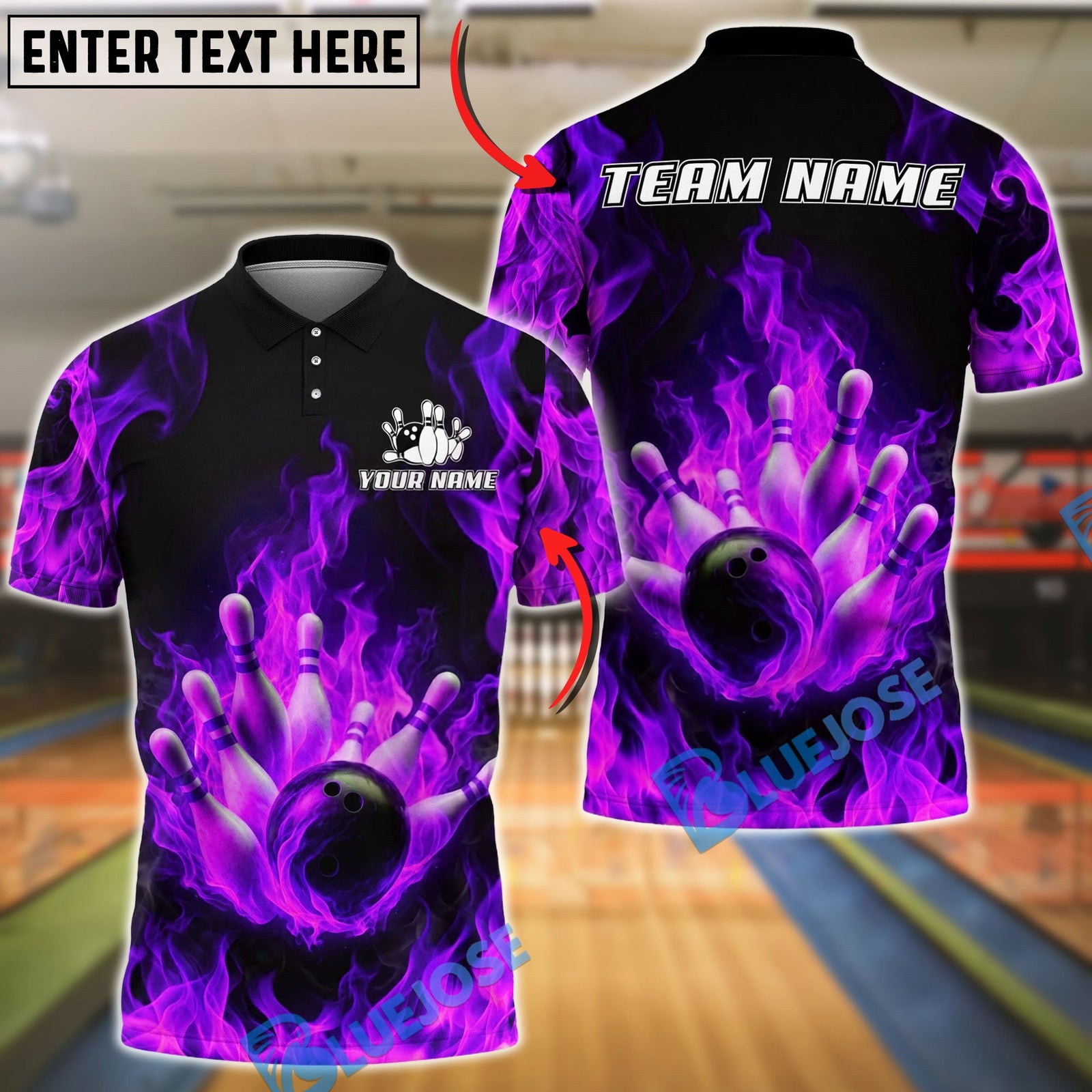 BlueJose Bowling And Pins Flaming Strike Burst Customized Name, Team Name 3D Shirt (4 Colors)
