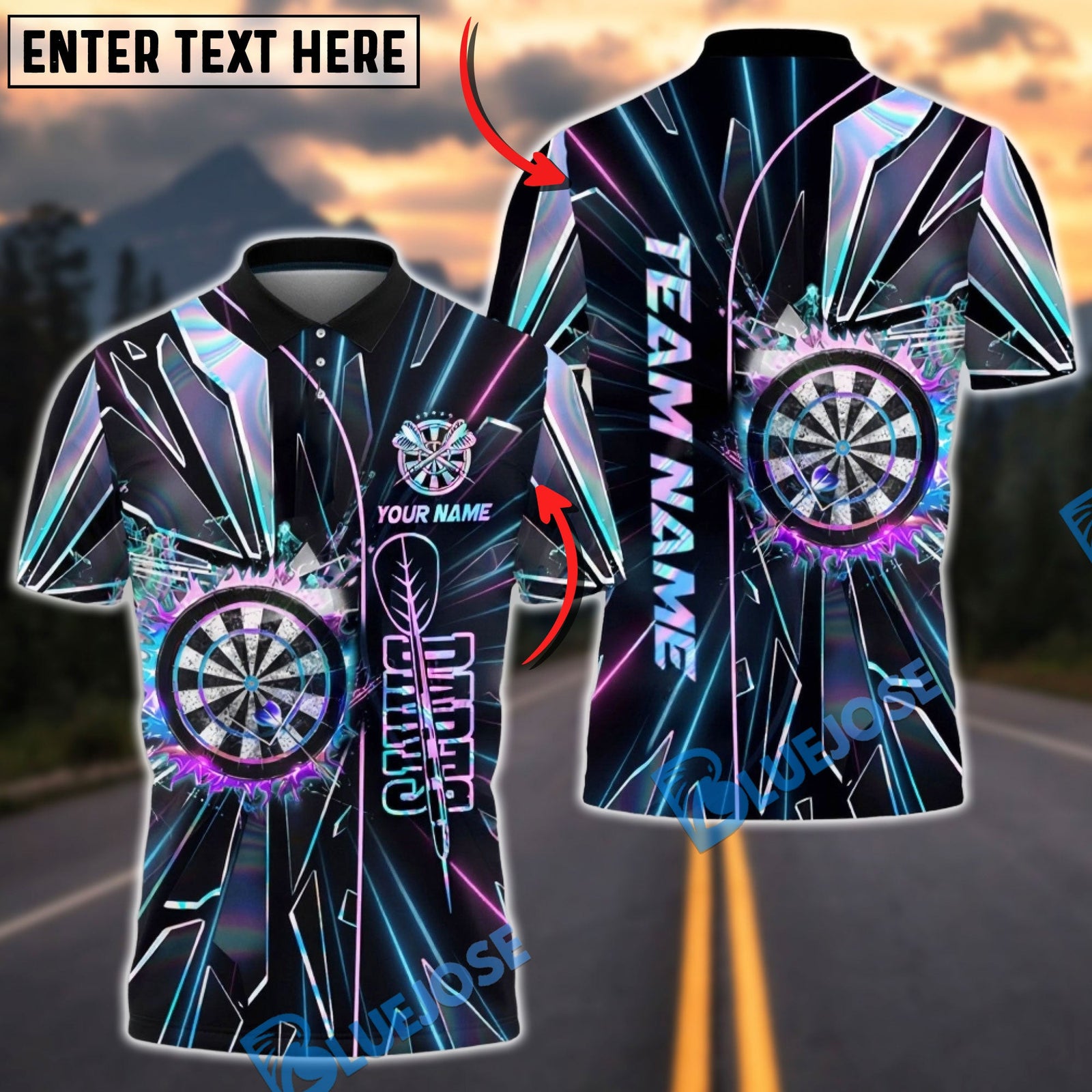 BlueJose Darts Cyber Neon Impact Dartboard Multicolor Options Personalized Name Shirt (4 Colors)