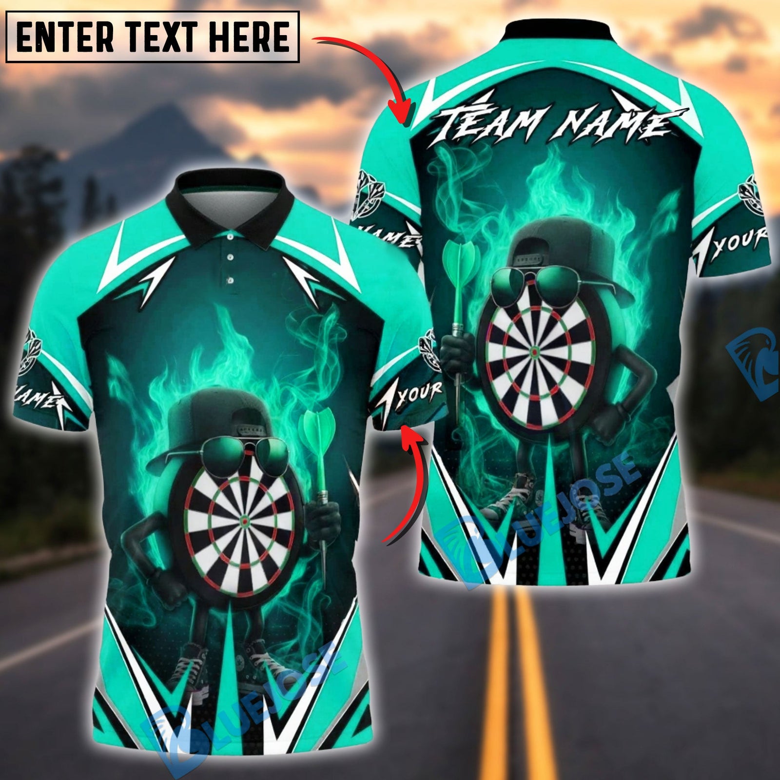 BlueJose Darts Cool Dartboard Character Flame Multicolor Options Personalized Name Shirt (6 Colors)