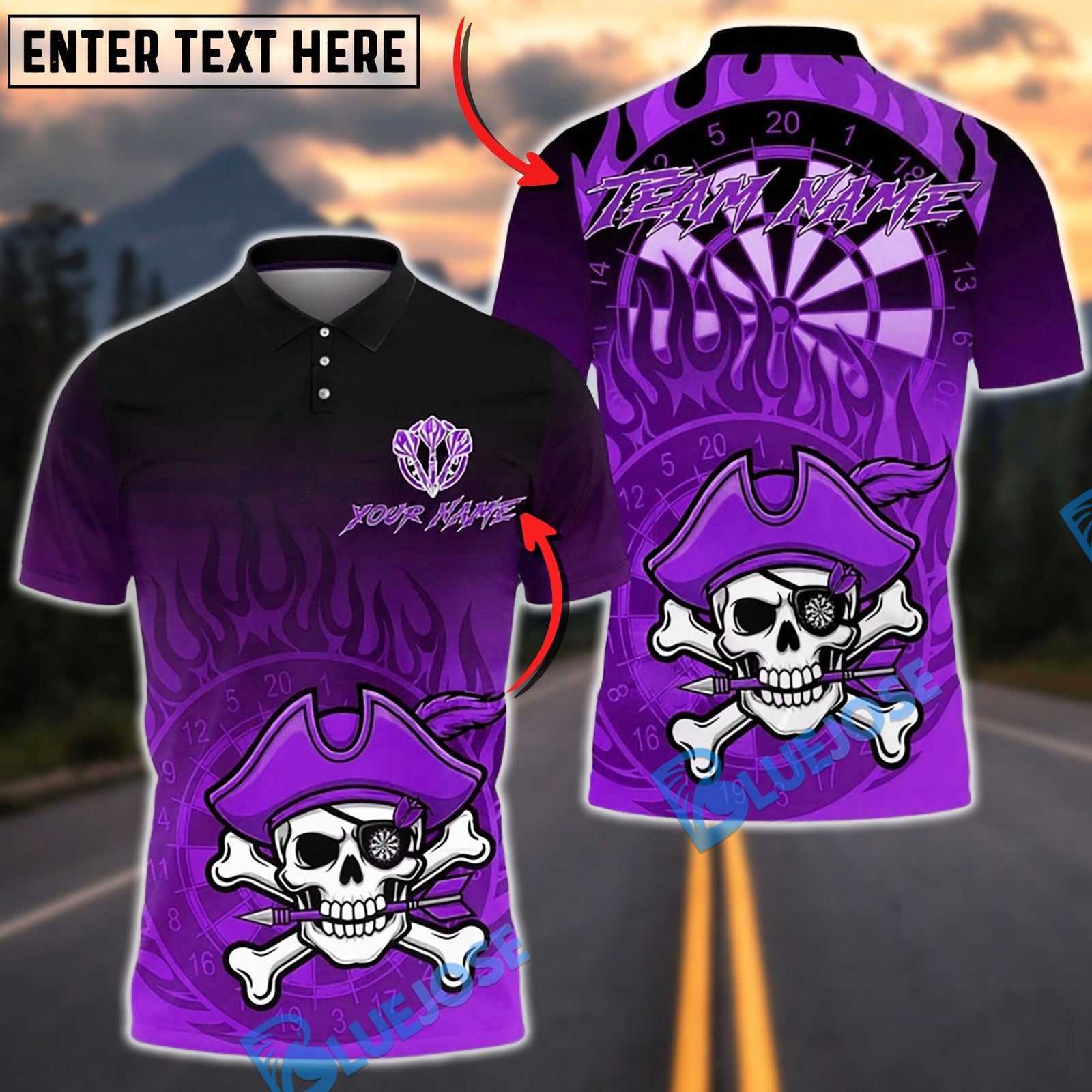 BlueJose Darts Pirate Skull Flame Dartboard Multicolor Options Personalized Name Shirt (4 Colors)