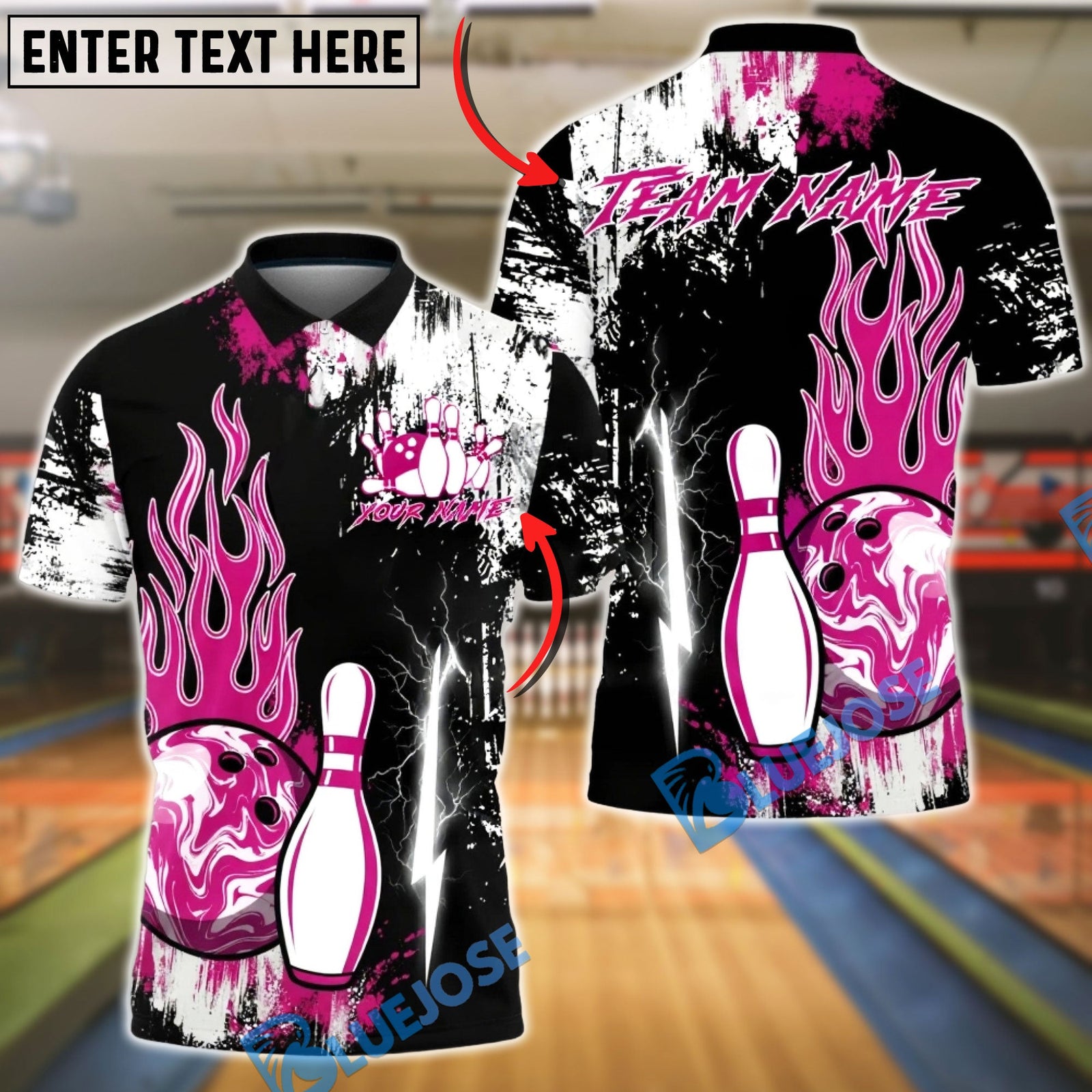 BlueJose Bowling & Pins Power Flame Splash Customized Name, Team Name 3D Shirt (4 Colors)
