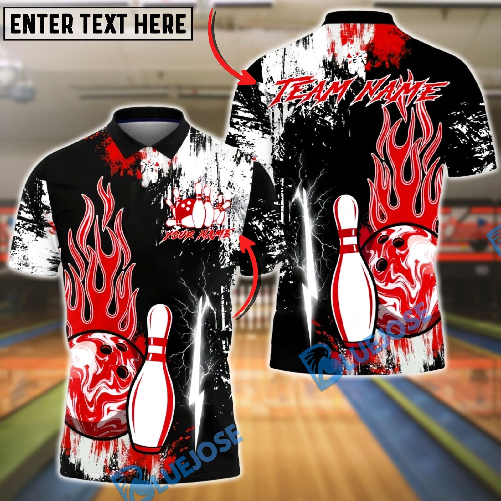 BlueJose Bowling & Pins Power Flame Splash Customized Name, Team Name 3D Shirt (4 Colors)