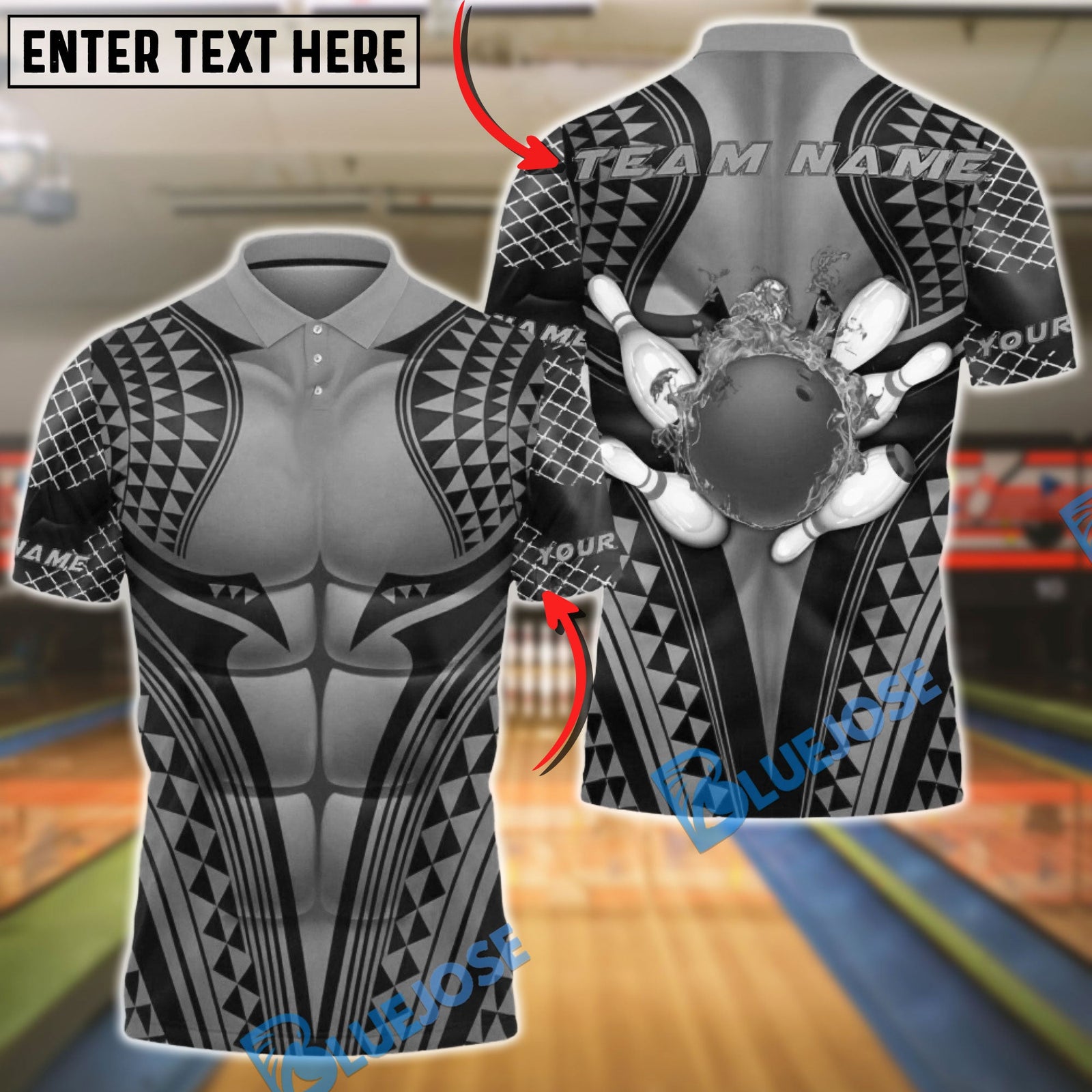 BlueJose Bowling & Pins Tribal Warrior Muscle Armor Pattern Customized Name, Team Name 3D Shirt (6 Colors)