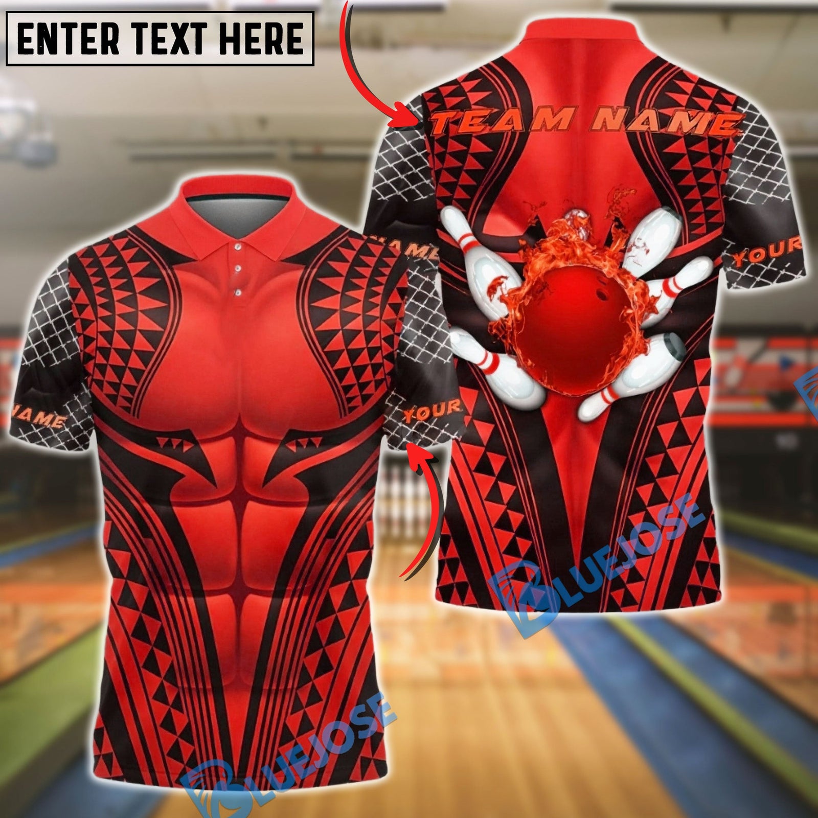 BlueJose Bowling & Pins Tribal Warrior Muscle Armor Pattern Customized Name, Team Name 3D Shirt (6 Colors)