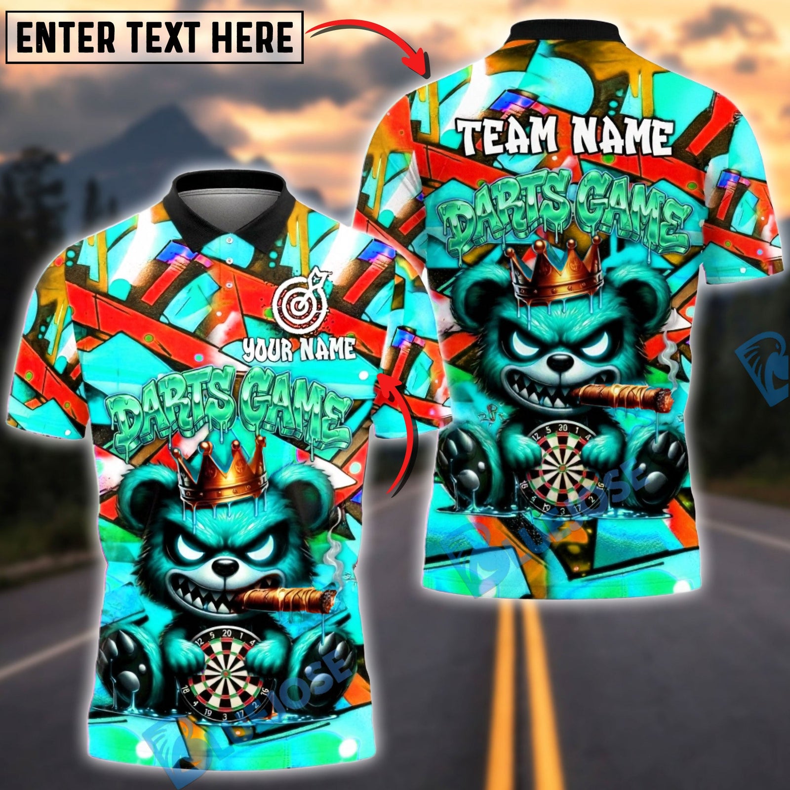 BlueJose Darts Graffiti Angry Bear with Dartboard Street Art Design Multicolor Options Personalized Name Shirt (4 Colors)