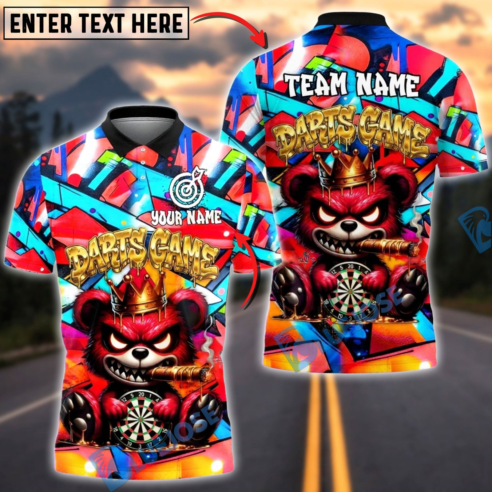 BlueJose Darts Graffiti Angry Bear with Dartboard Street Art Design Multicolor Options Personalized Name Shirt (4 Colors)