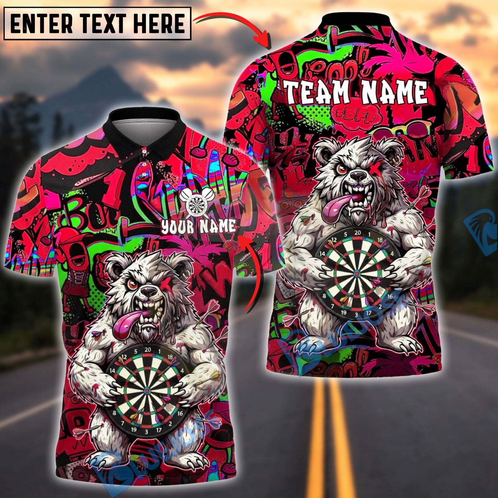 BlueJose Darts Angry Bear Holding Dartboard Graffiti Art Multicolor Options Personalized Name Shirt (4 Colors)
