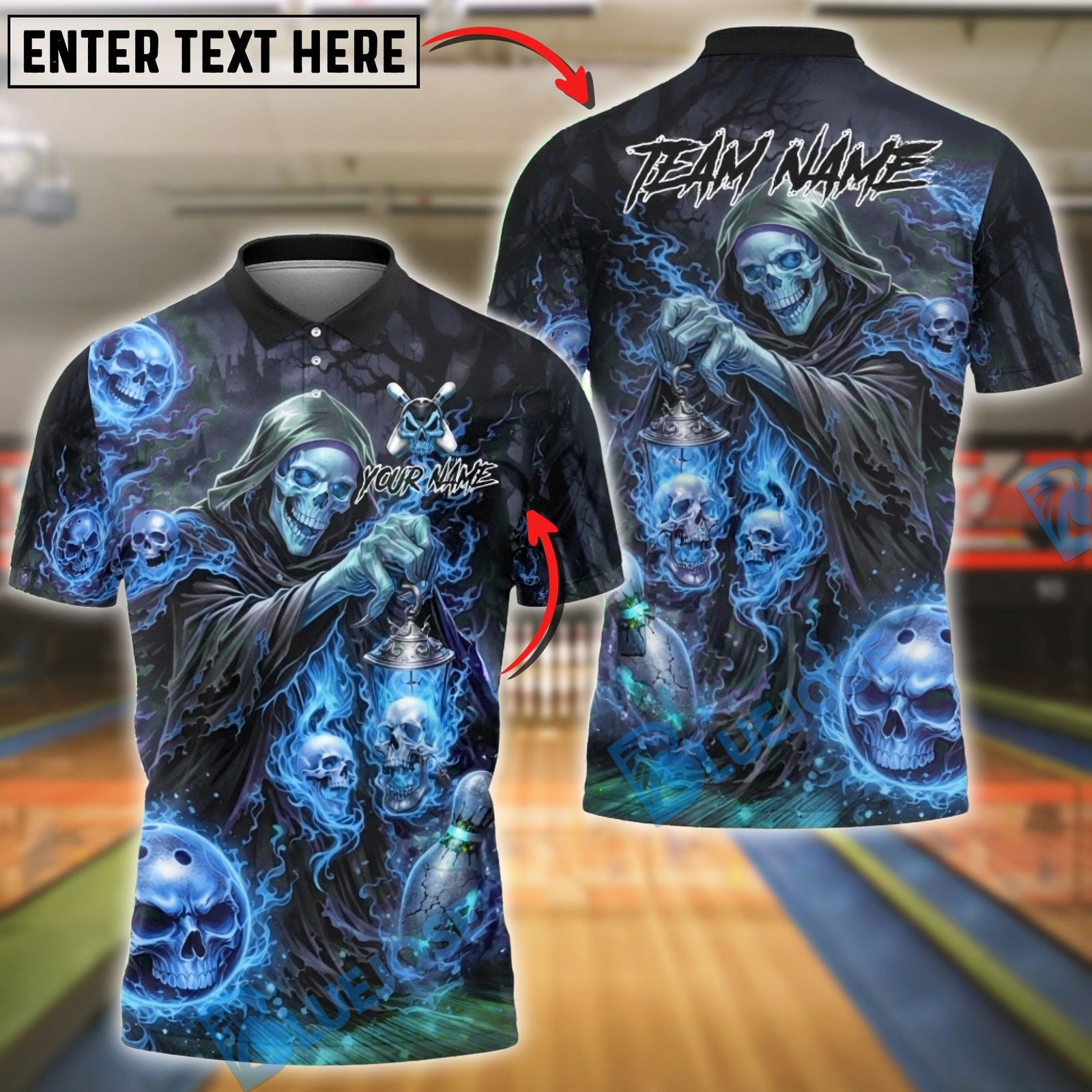 BlueJose Bowling & Pins Grim Reaper Skull Flame Dark Fantasy Customized Name, Team Name 3D Shirt (4 Colors)