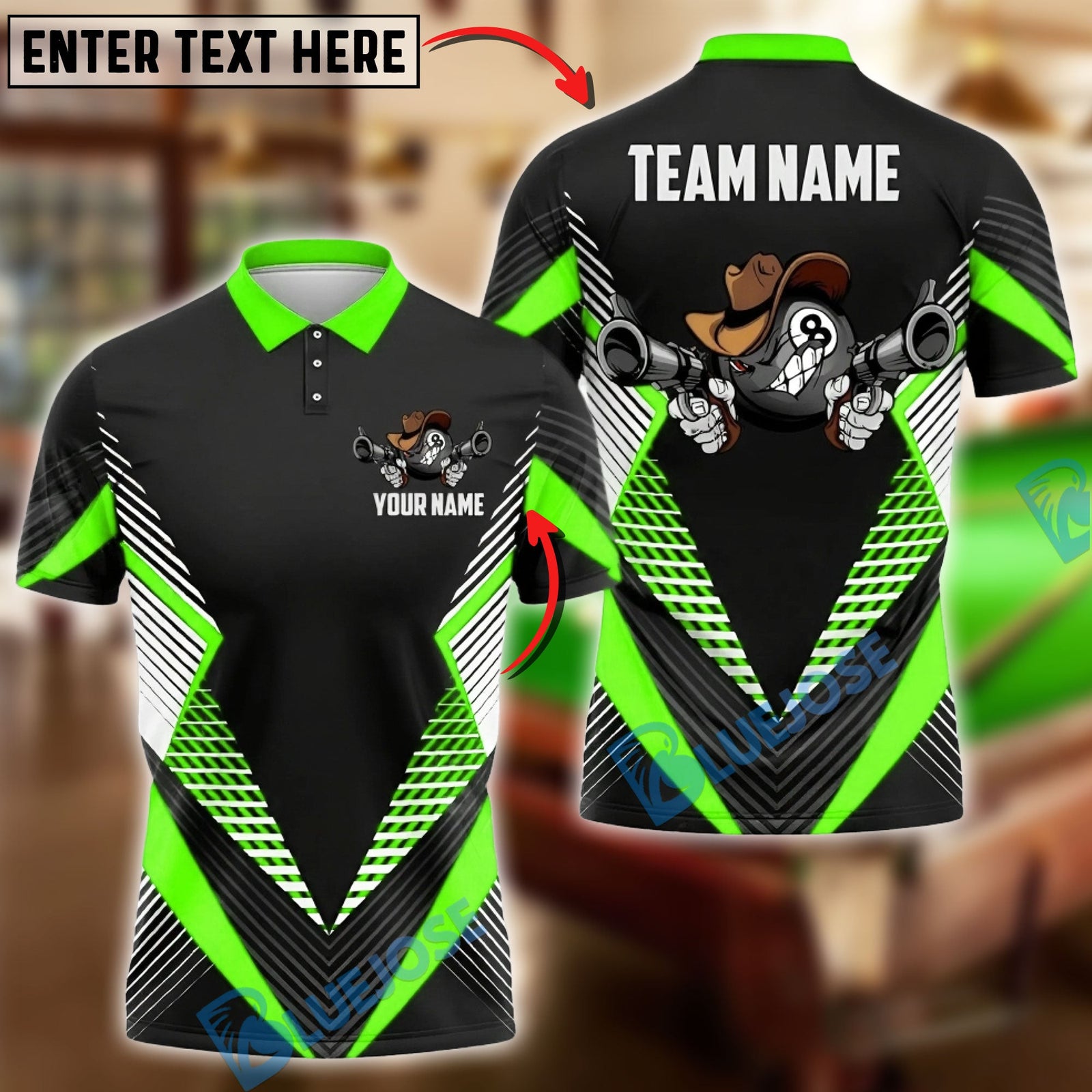 BlueJose Billiards Ball 8 Funny Cowboy Gunslinger Personalized Name, Team Name Unisex Shirt (6 Colors)