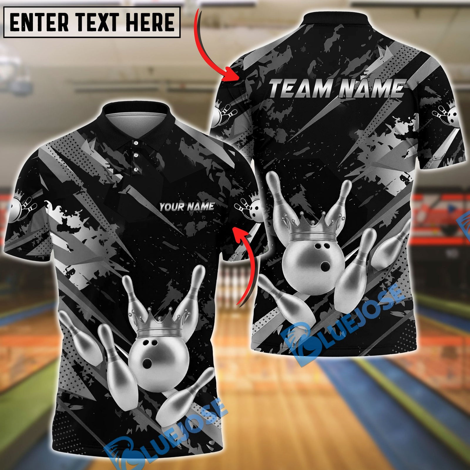 BlueJose Bowling And Pins King Crown Gold Black Grunge Customized Name, Team Name 3D Shirt (6 Colors)