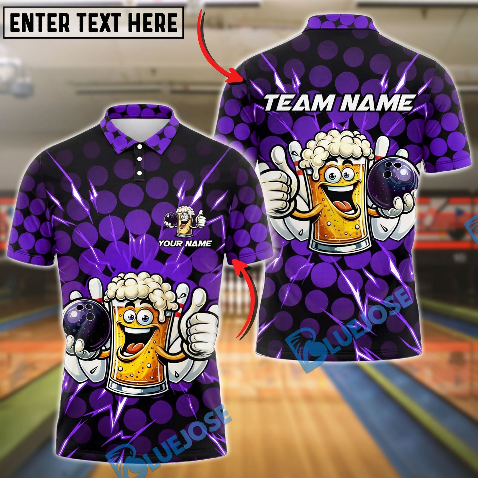 BlueJose Bowling And Pins Beer Mug Lightning Polka Dot Customized Name, Team Name 3D Shirt (6 Colors)