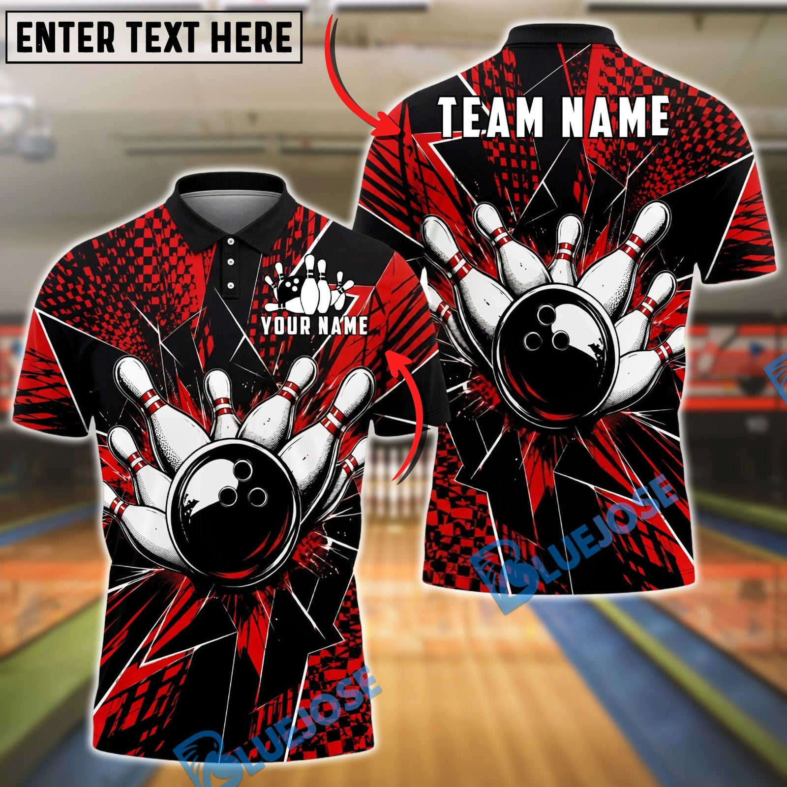 BlueJose Bowling And Pins Impact Black Shatter Customized Name, Team Name 3D Shirt (4 Colors)