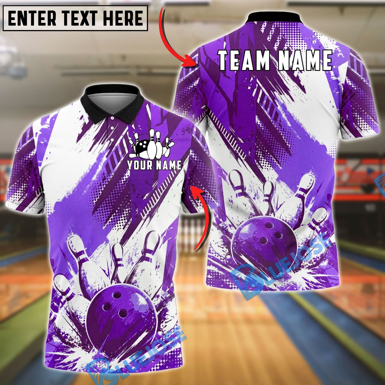 BlueJose Bowling And Pins Splash Grunge Customized Name, Team Name 3D Shirt (6 Colors)