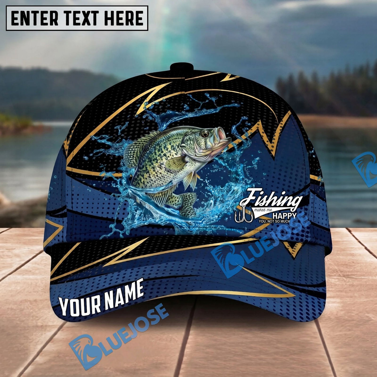 BlueJose Fishing Water Splash Navy Gold Pattern Personalized Name Classic 3D Cap Personalized Cap (13 Breeds)