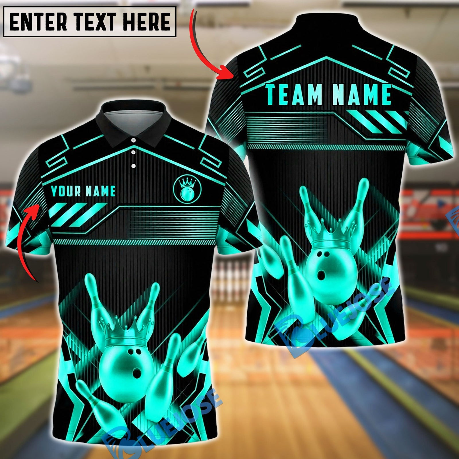 BlueJose Bowling And Pins Crown Gold Luxury Geometric Sport Style Customized Name, Team Name 3D Shirt (6 Colors)