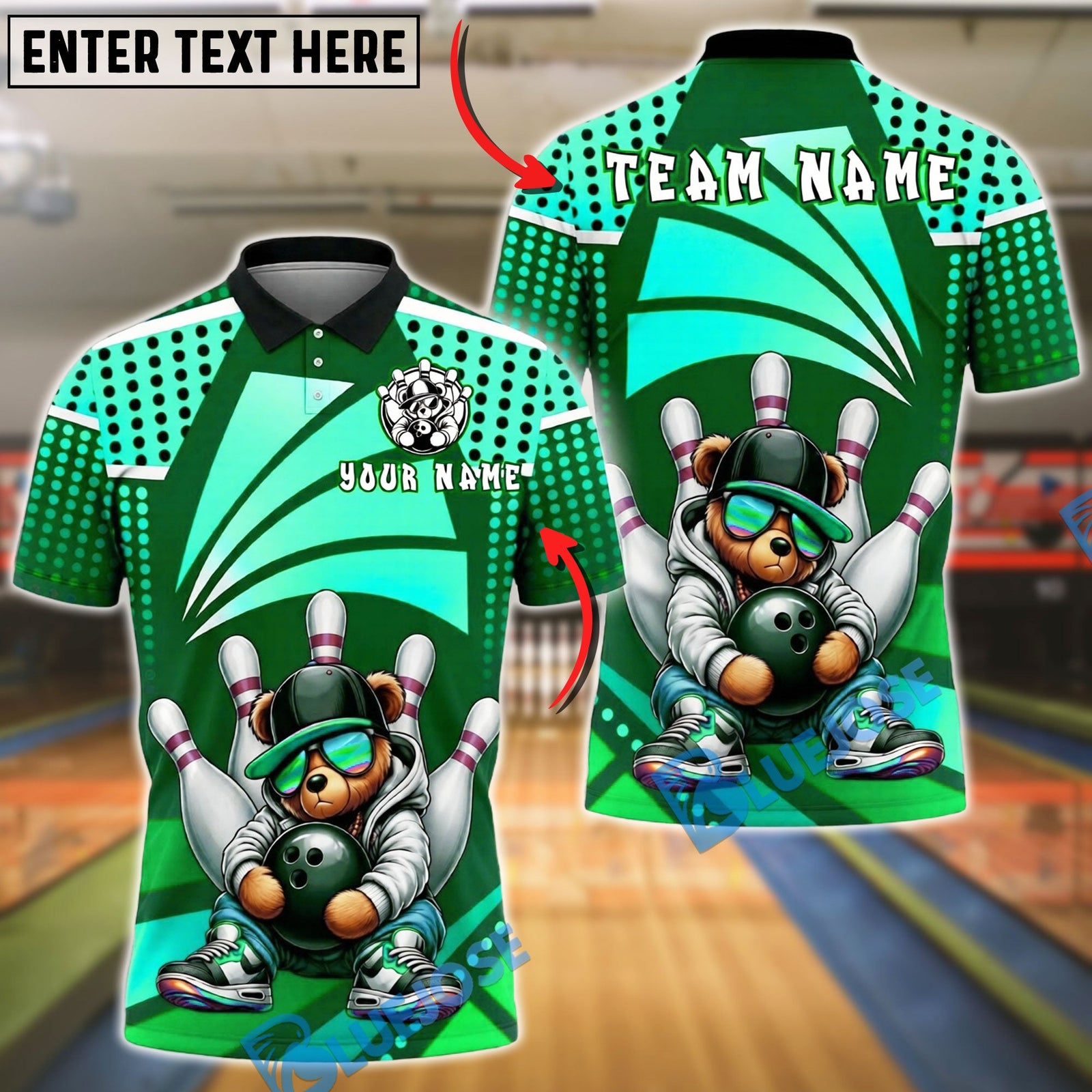 BlueJose Bowling And Pins Bear Hip Hop Retro Neon Style Customized Name, Team Name 3D Shirt (4 Colors)