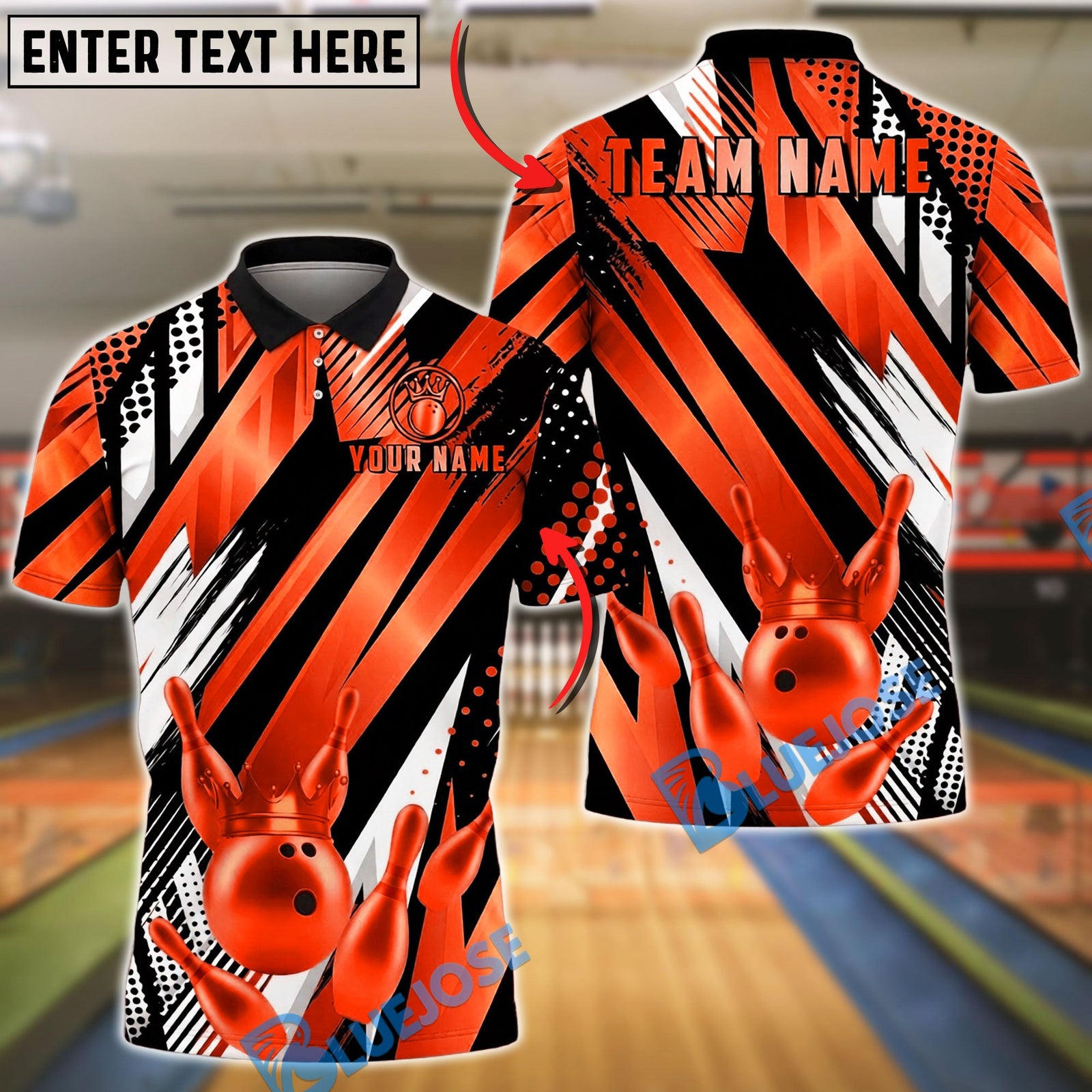 BlueJose Bowling And Pins Crown Gold Abstract Stripe Style Customized Name, Team Name 3D Shirt (6 Colors)