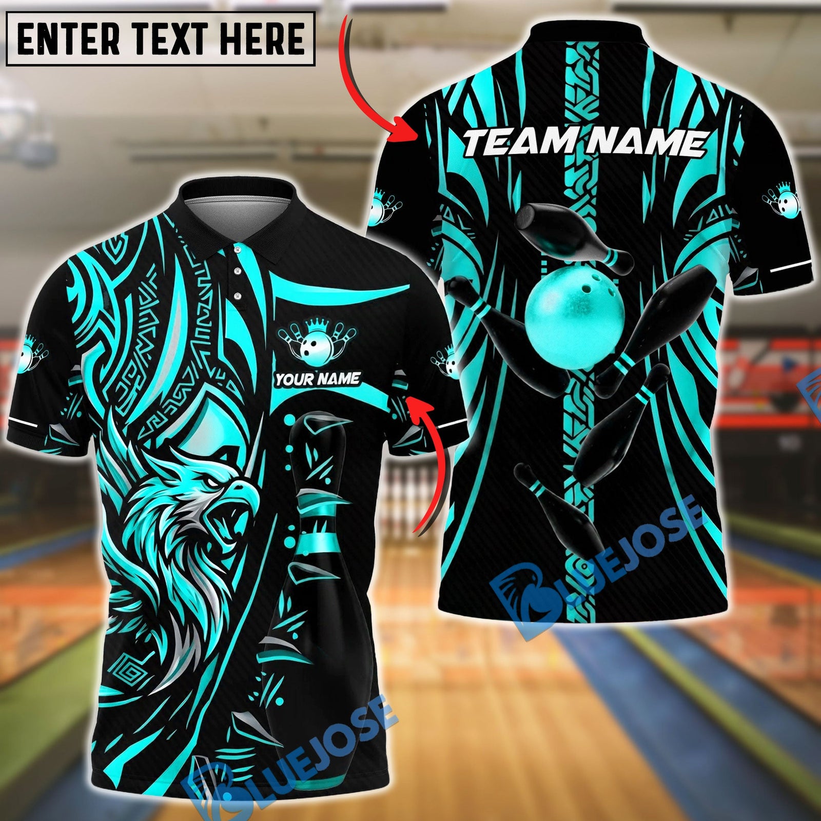 BlueJose Bowling And Pins Eagle Tribal Gold Black Customized Name, Team Name 3D Shirt (6 Colors)
