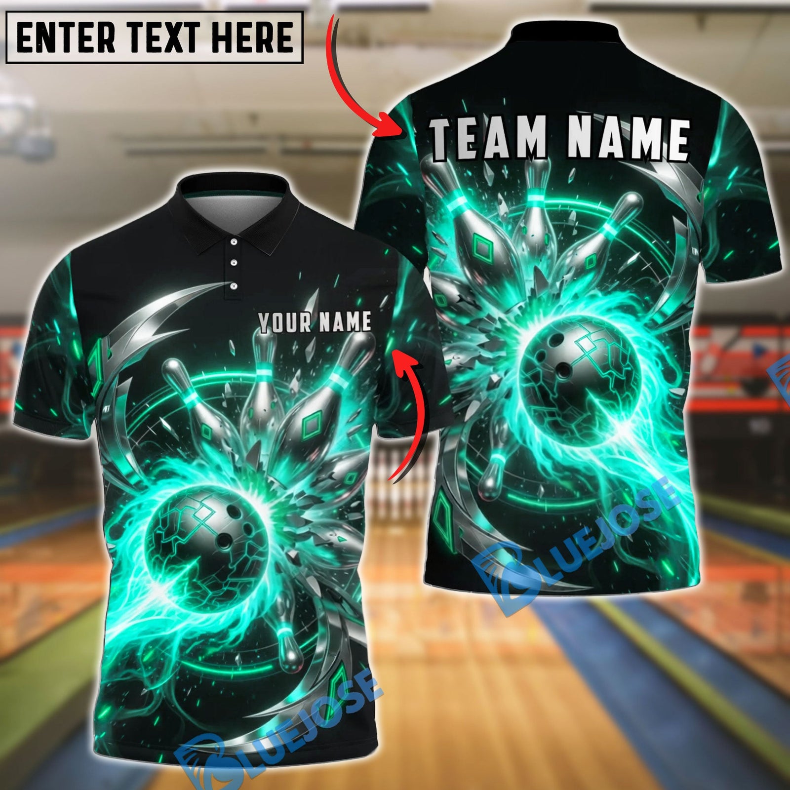 BlueJose Bowling Neon Cyber Energy Ball and Pins Customized Name, Team Name 3D Shirt (6 Colors)