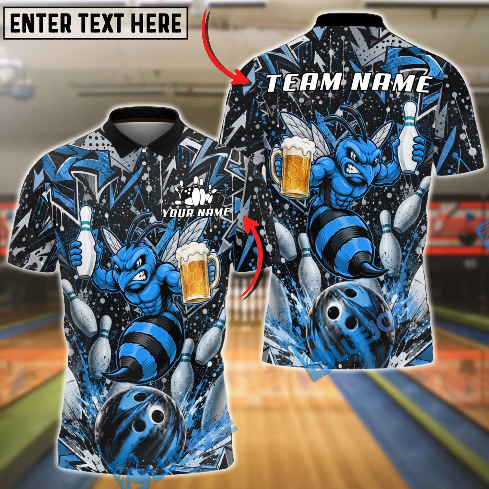 BlueJose Bowling And Pins Angry Hornet Beer Customized Name, Team Name 3D Shirt (6 Colors)