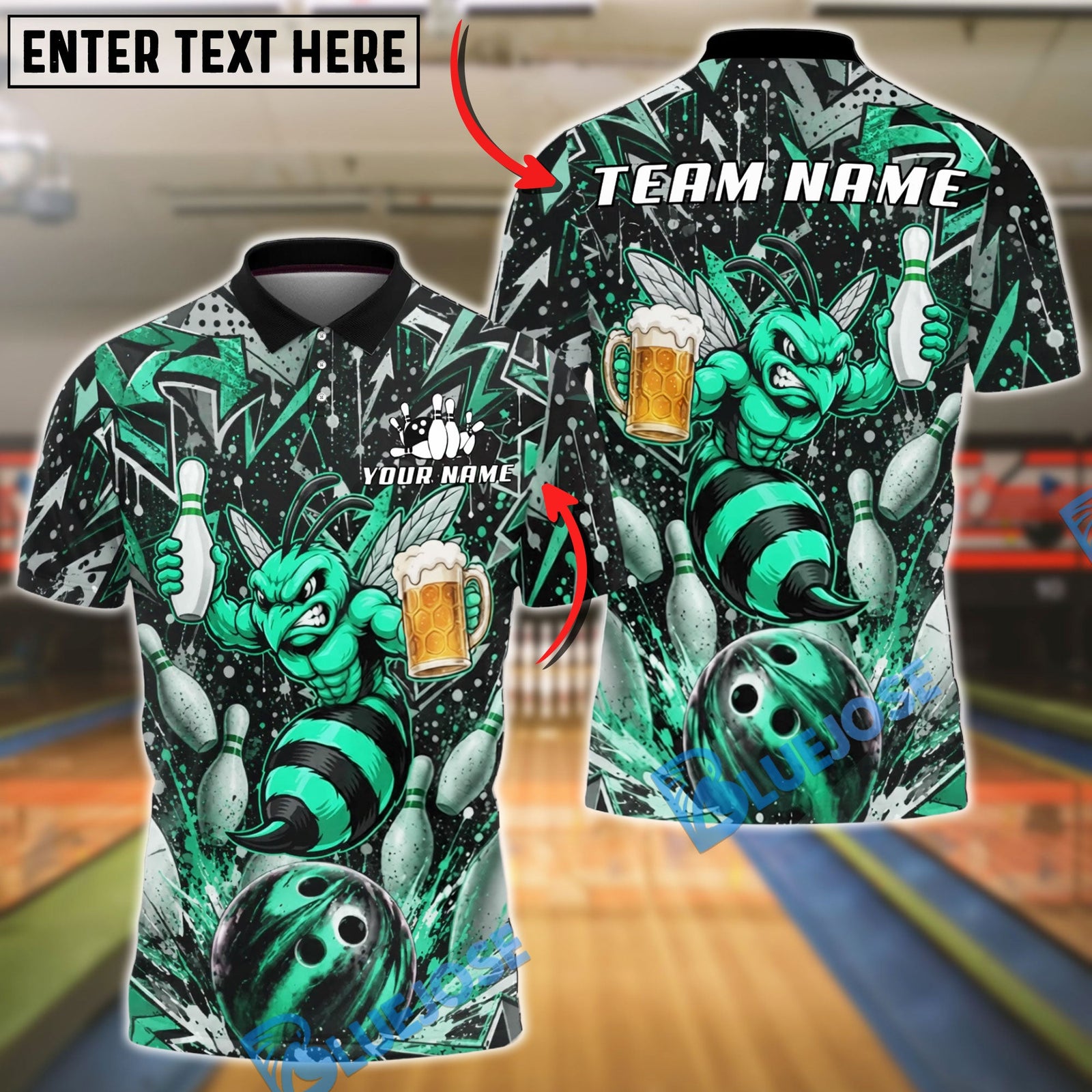 BlueJose Bowling And Pins Angry Hornet Beer Customized Name, Team Name 3D Shirt (6 Colors)