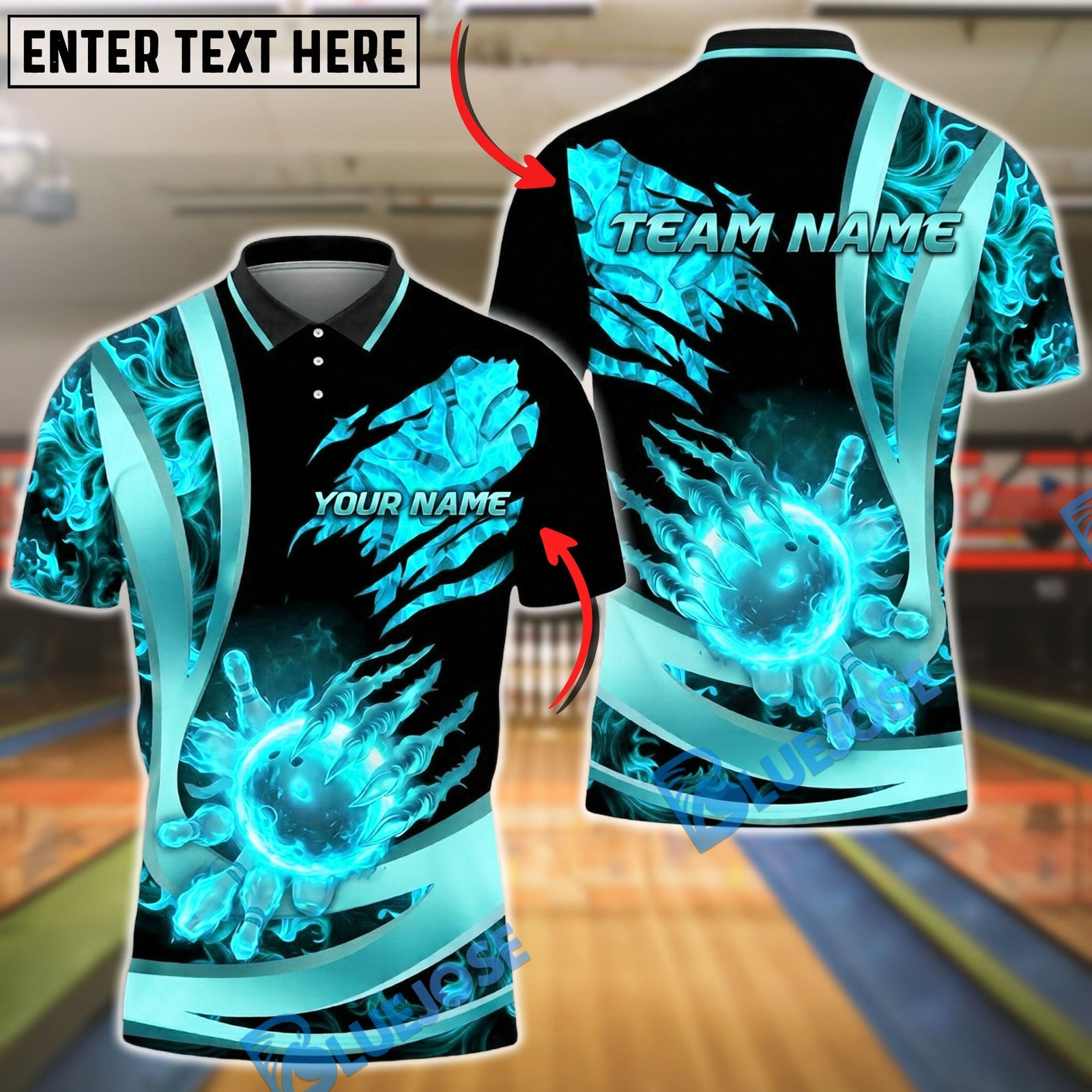 BlueJose Bowling And Pins Flaming Fireball Claw Strike Customized Name, Team Name 3D Shirt (4 Colors)
