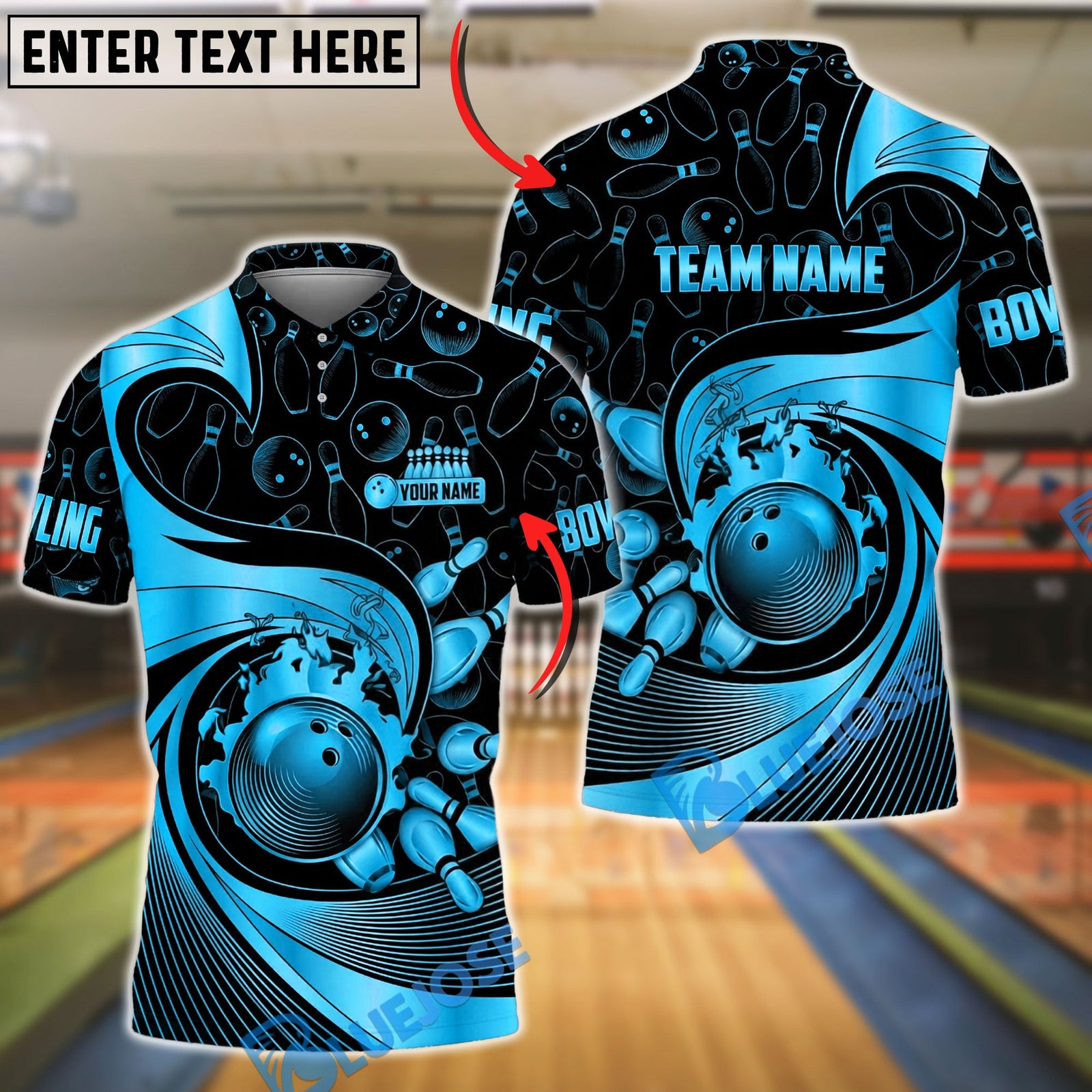 BlueJose Bowling And Pins Golden Retro Spinning Wave Customized Name, Team Name 3D Shirt (6 Colors)