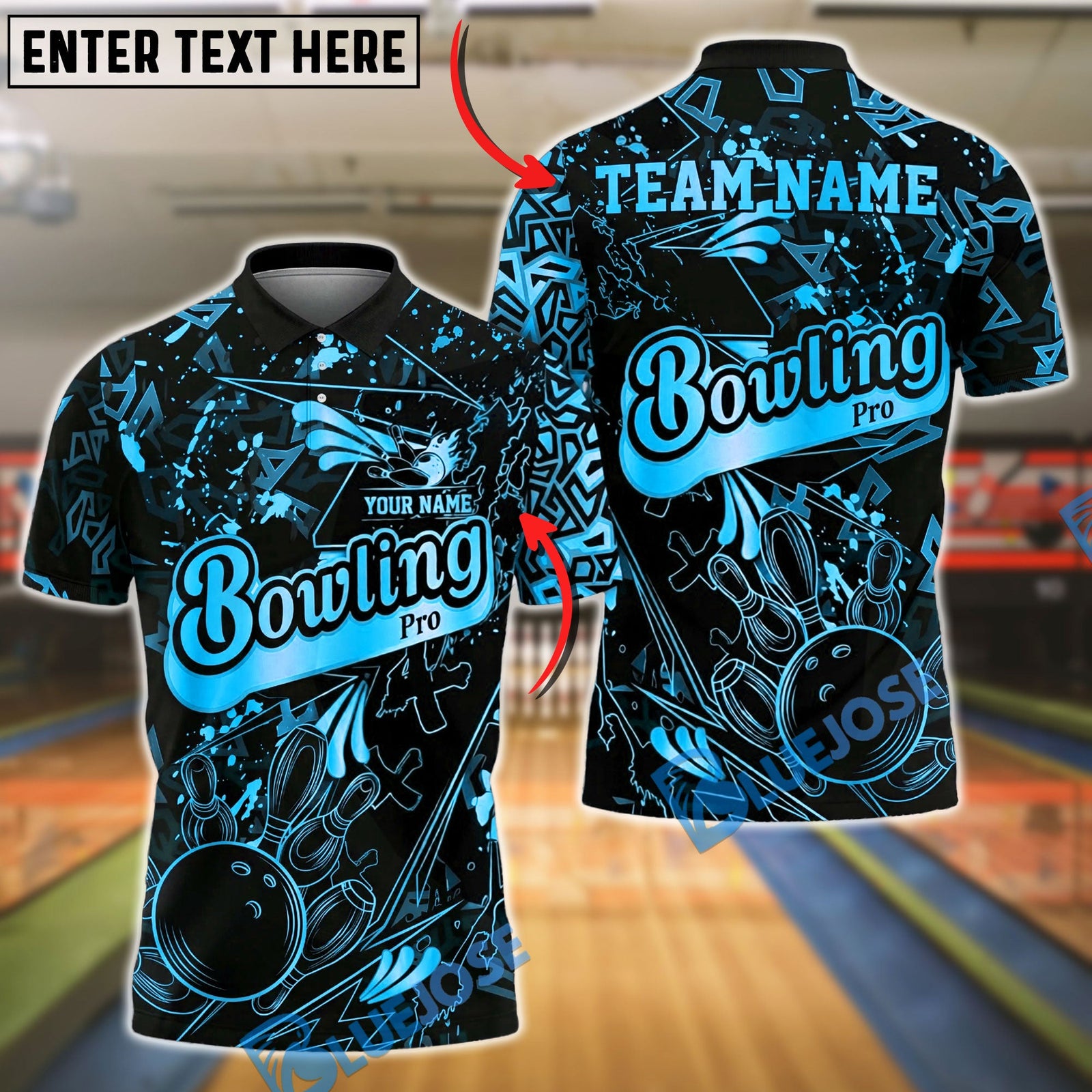 BlueJose Bowling And Pins Pro Black Gold Splatter Customized Name, Team Name 3D Shirt (6 Colors)