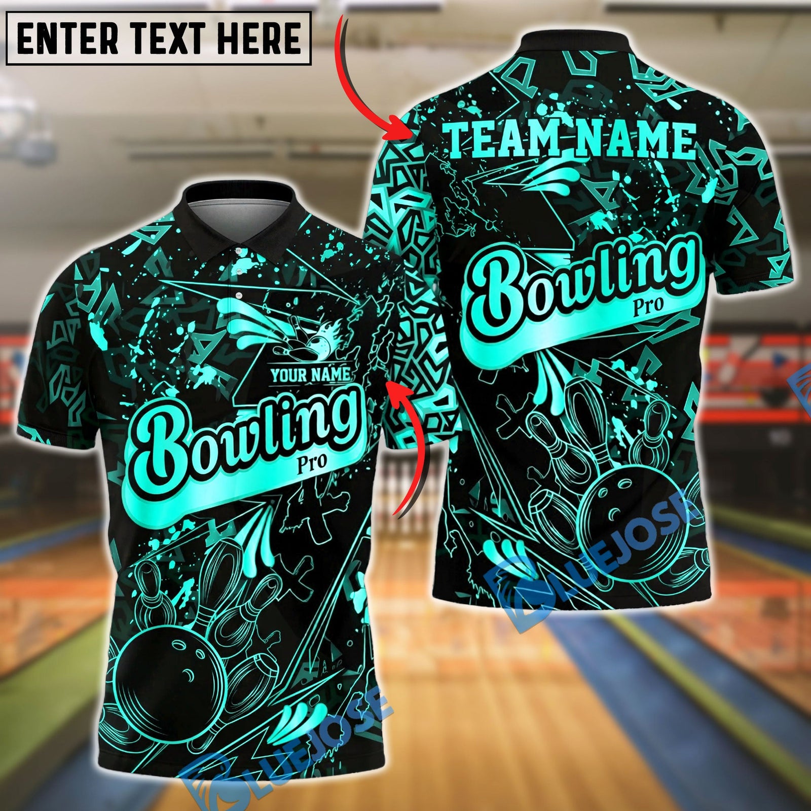 BlueJose Bowling And Pins Pro Black Gold Splatter Customized Name, Team Name 3D Shirt (6 Colors)