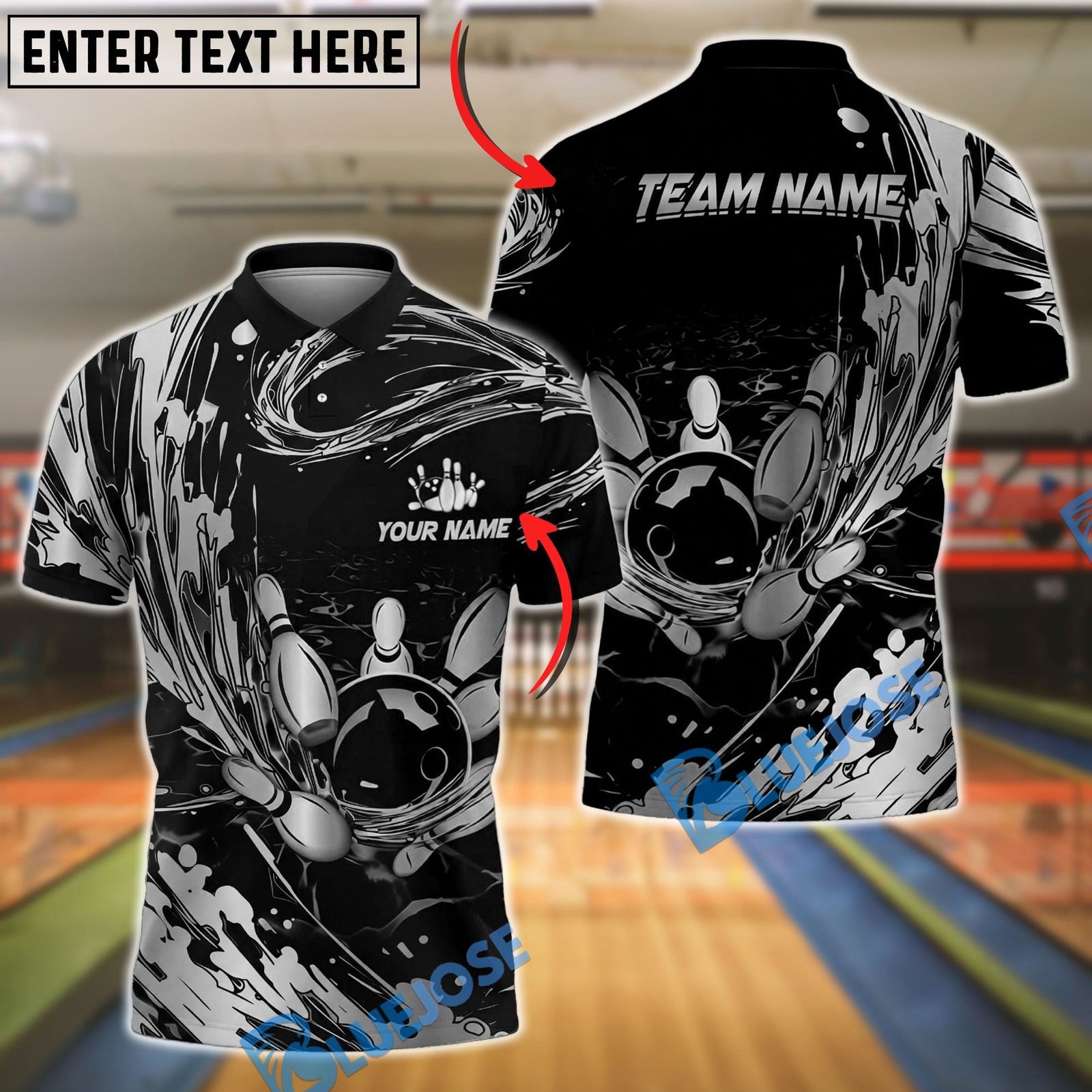 BlueJose Bowling And Pins Abstract Gold Water Splash Customized Name, Team Name 3D Shirt (6 Colors)