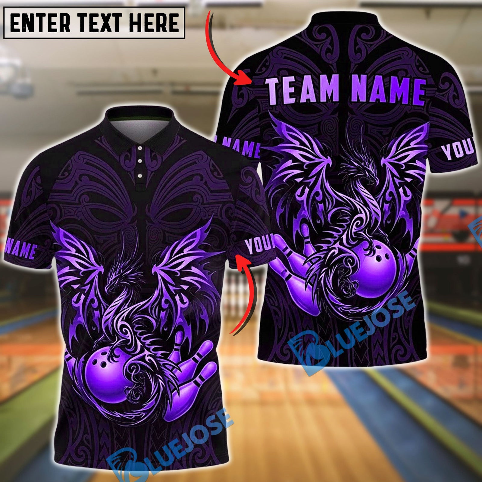 BlueJose Bowling & Pins Golden Dragon Flowing Ornamental Art Customized Name, Team Name 3D Shirt (6 Colors)
