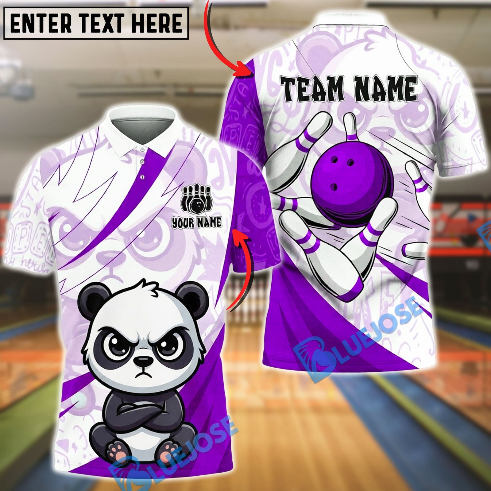 BlueJose Bowling & Pins Cute Panda Cartoon Design Customized Name, Team Name 3D Shirt (4 Colors)