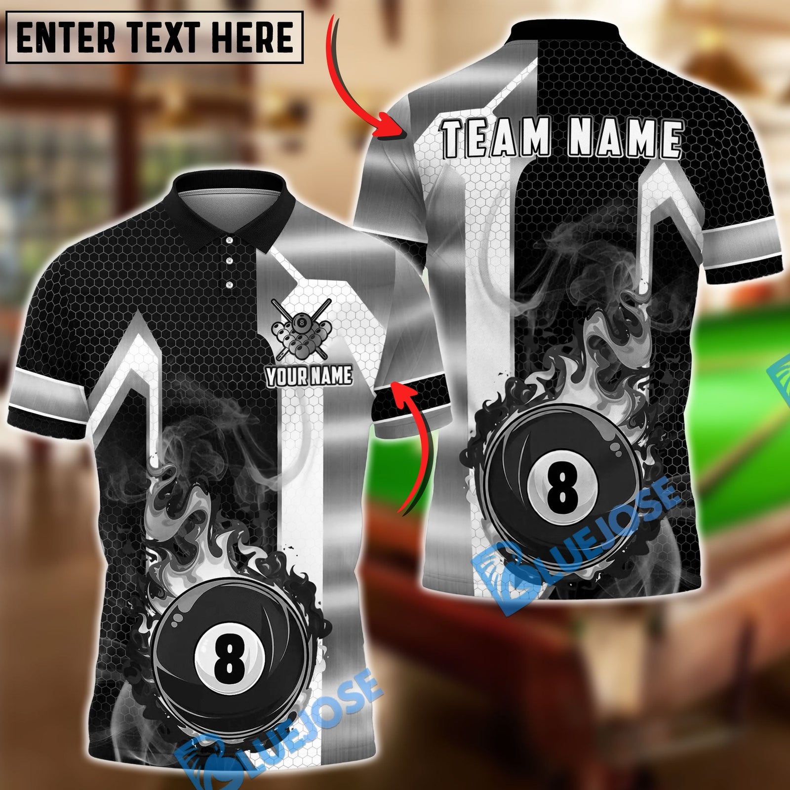 BlueJose Billiards Luxury 8 Ball Gold Stripe Honeycomb Personalized Name Shirt (6 Colors)