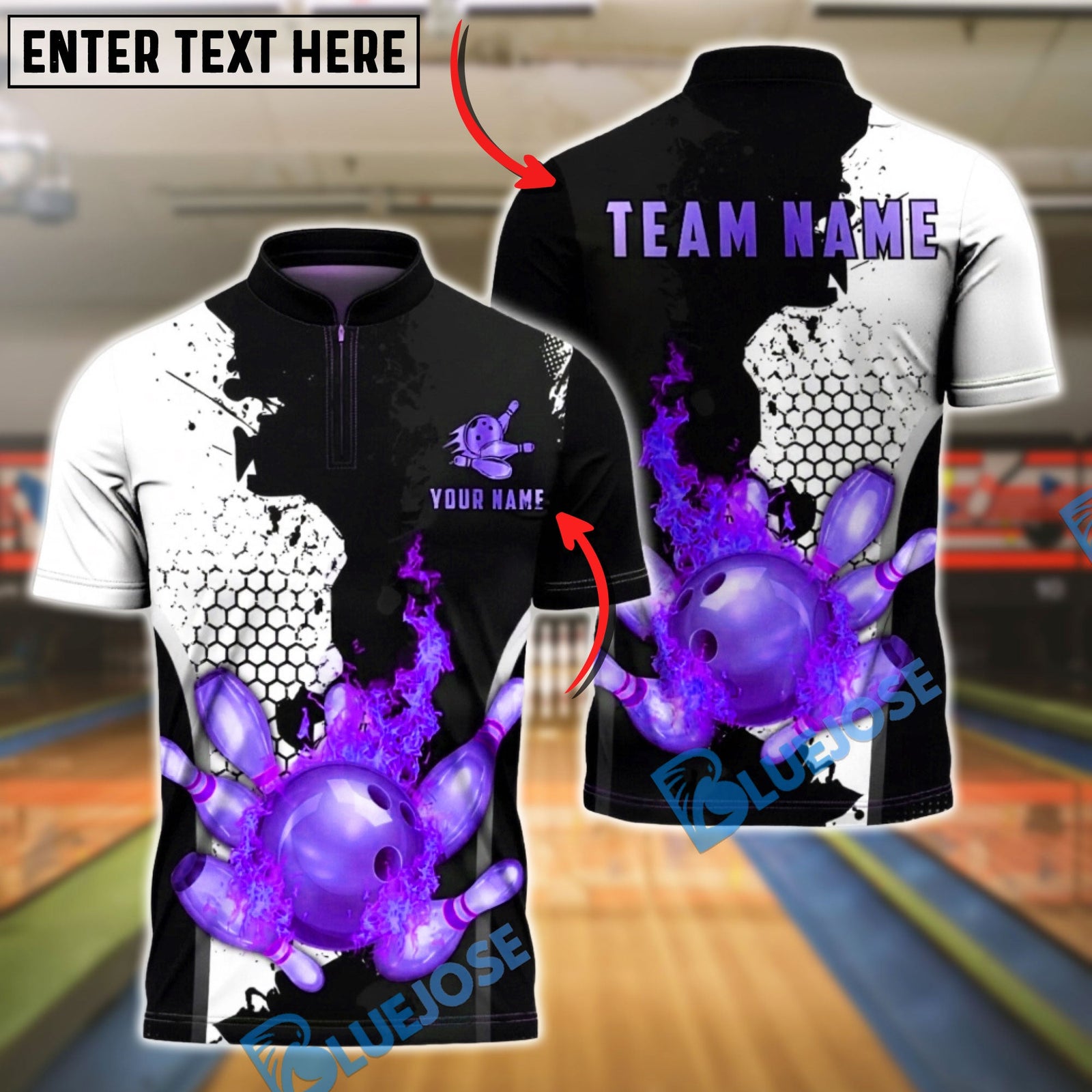 BlueJose Bowling & Pins Fire Strike Gold Splash Customized Name, Team Name 3D Shirt (4 Colors)