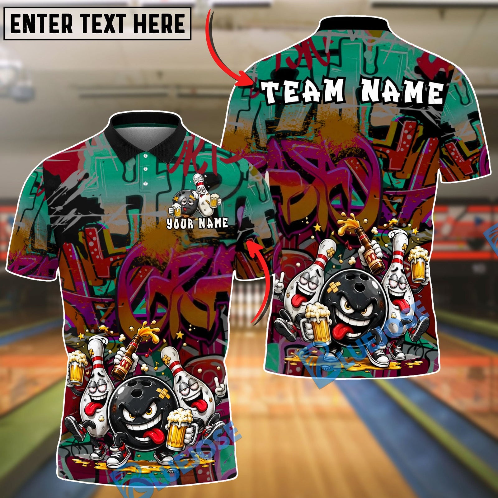 BlueJose Bowling And Pins Graffiti Beer Party Cartoon Style Customized Name, Team Name 3D Shirt (4 Colors)
