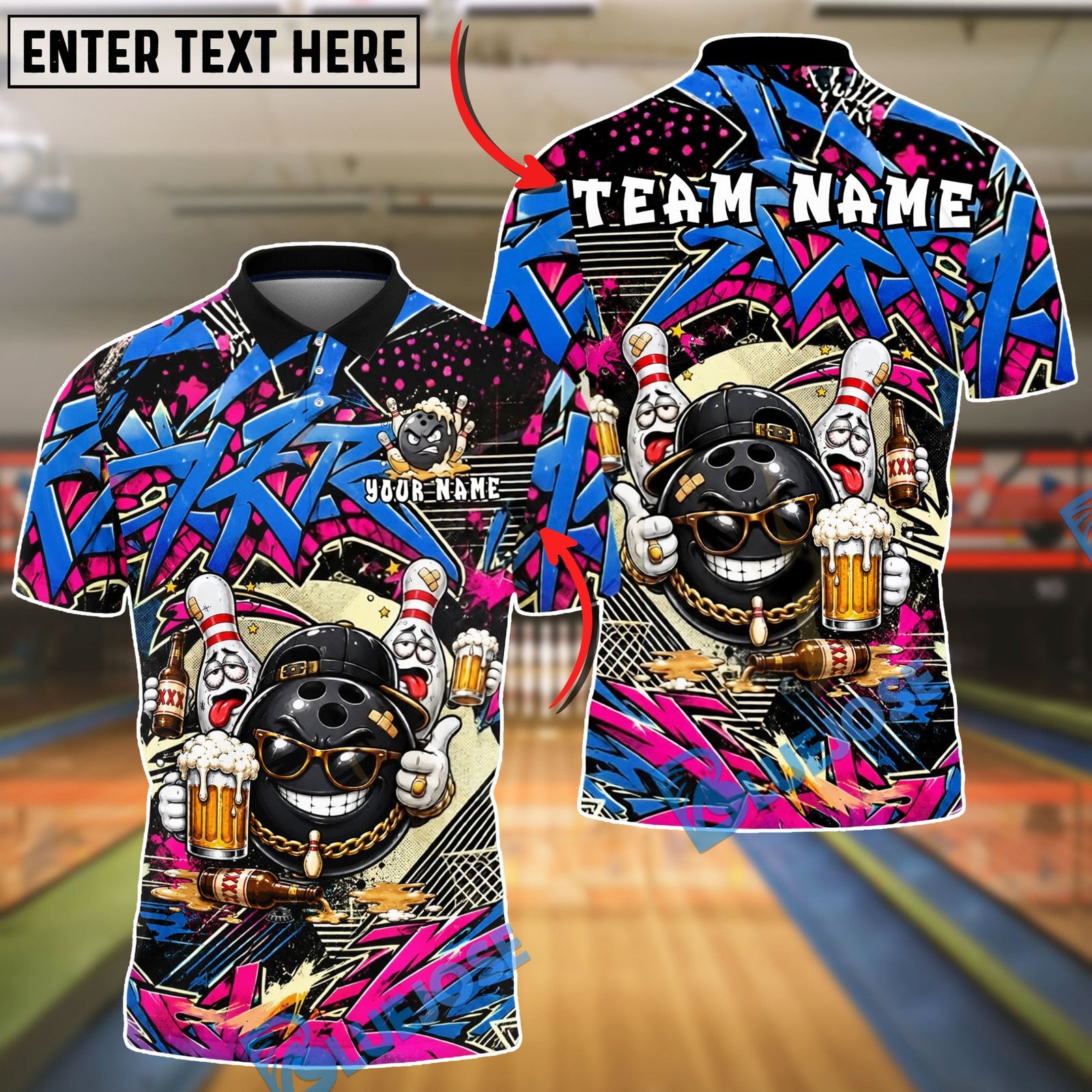 BlueJose Bowling And Pins Hip Hop Beer Gang Street Art Customized Name, Team Name 3D Shirt (4 Colors)