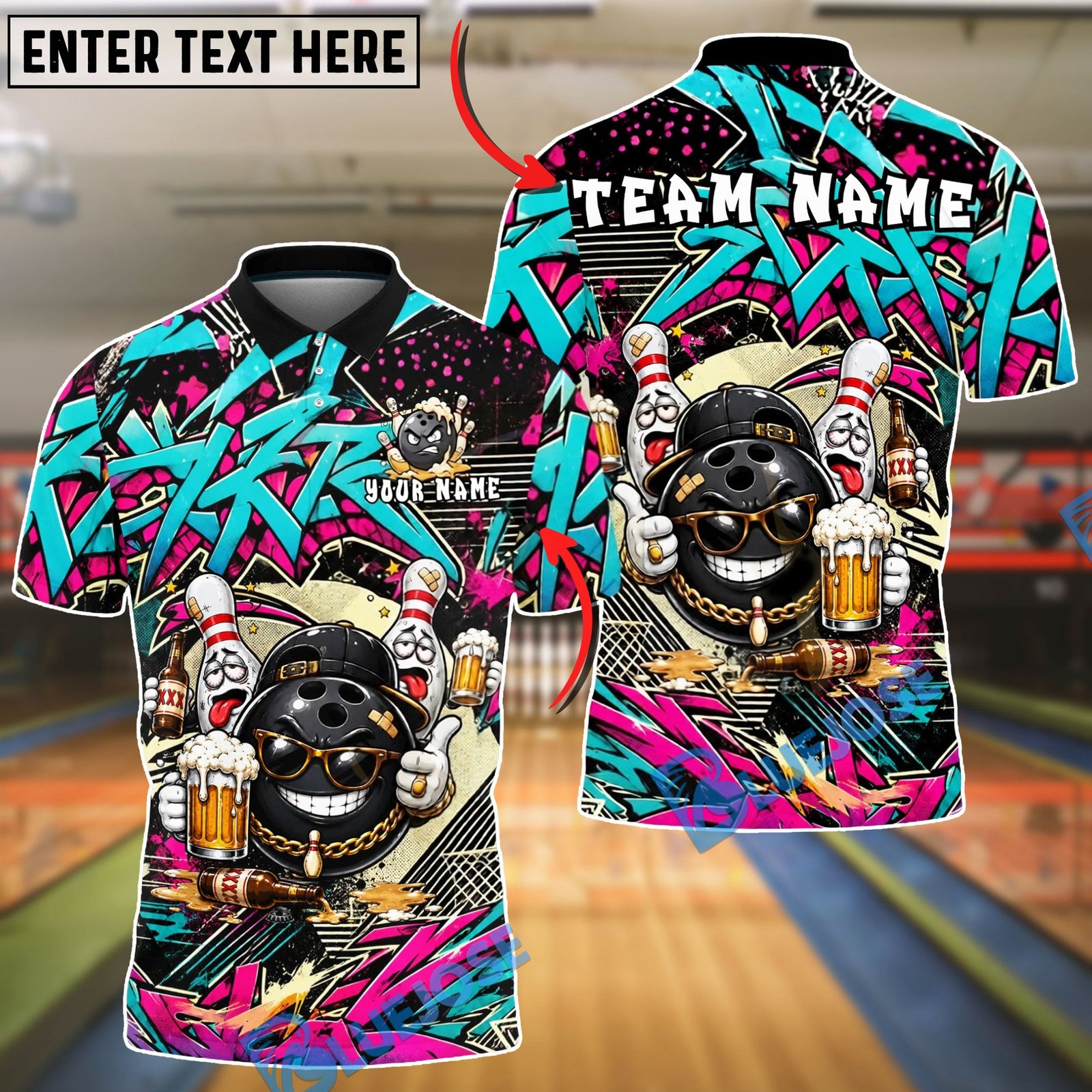 BlueJose Bowling And Pins Hip Hop Beer Gang Street Art Customized Name, Team Name 3D Shirt (4 Colors)