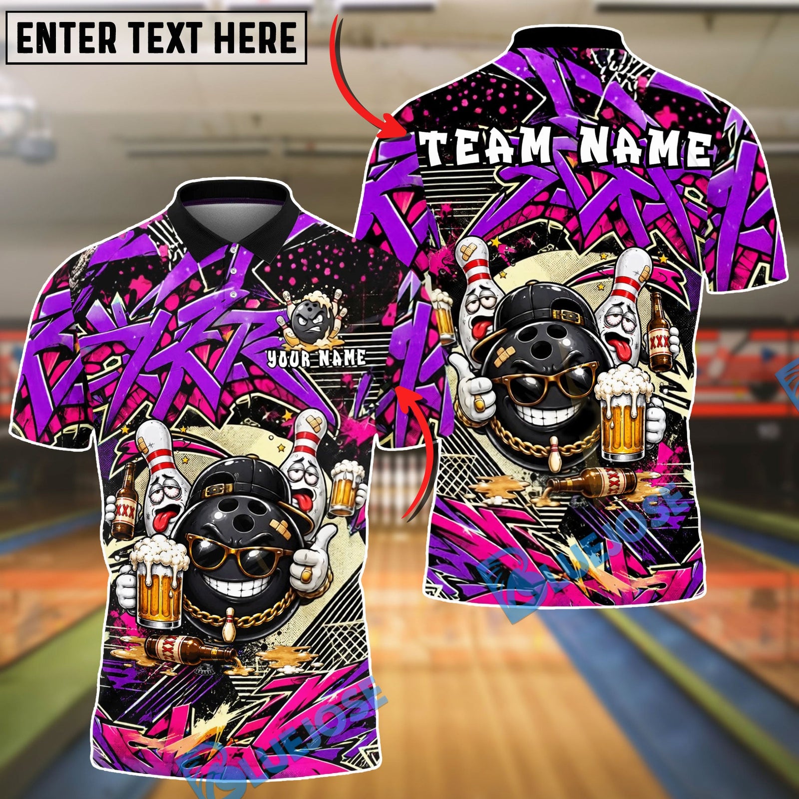 BlueJose Bowling And Pins Hip Hop Beer Gang Street Art Customized Name, Team Name 3D Shirt (4 Colors)