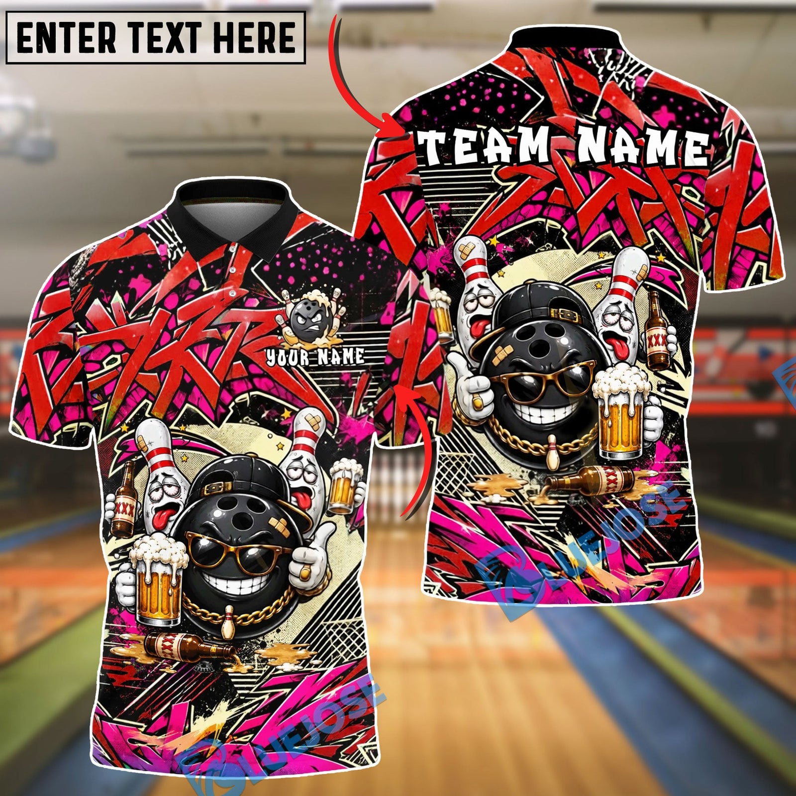BlueJose Bowling And Pins Hip Hop Beer Gang Street Art Customized Name, Team Name 3D Shirt (4 Colors)