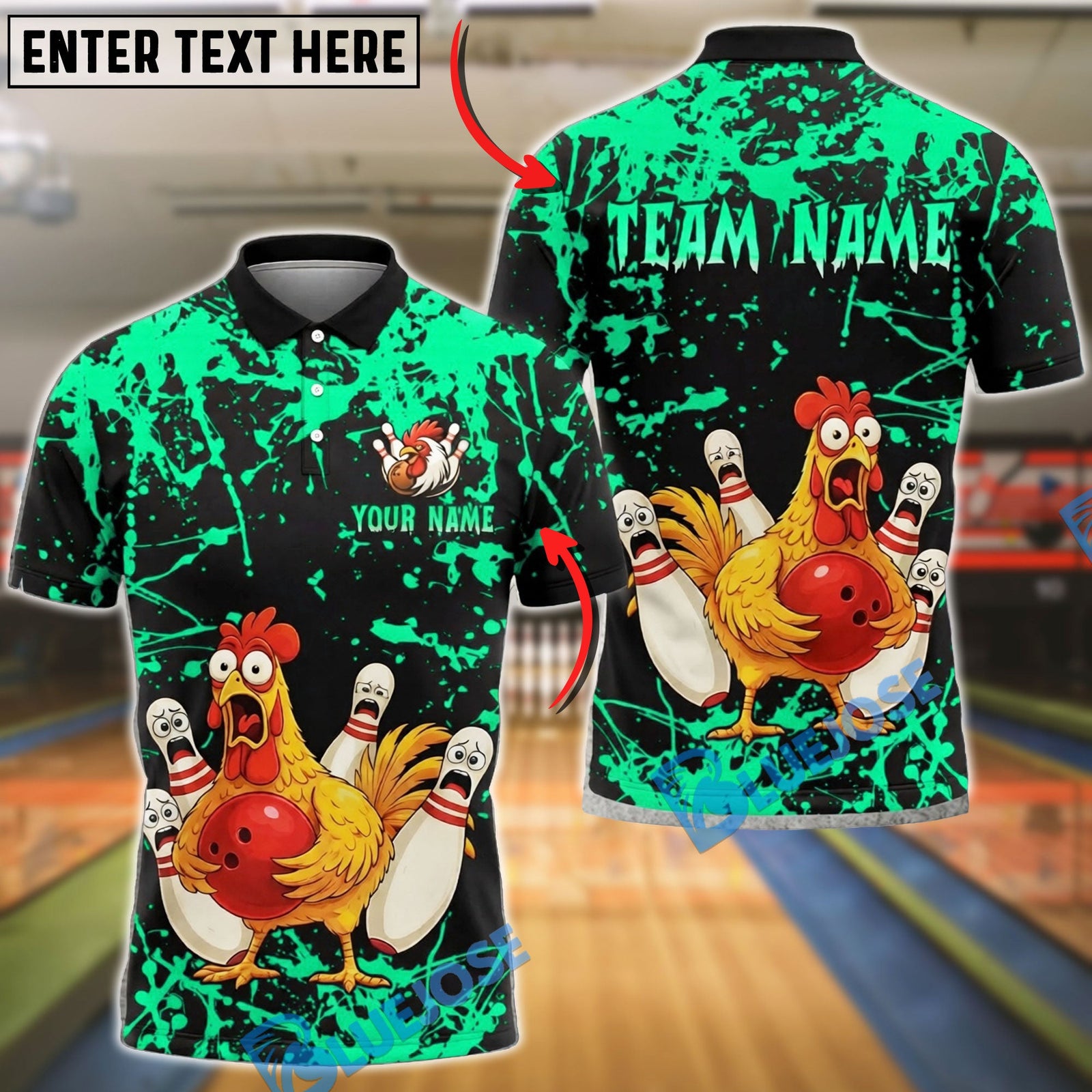 BlueJose Bowling And Pins Chicken Funny Cartoon Strike Graphic Customized Name, Team Name 3D Shirt (6 Colors)