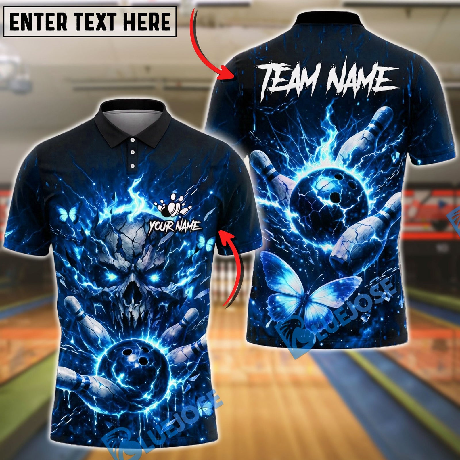BlueJose Bowling And Pins Electric Skull Lightning Butterfly Fantasy Glow Customized Name, Team Name 3D Shirt (4 Colors)