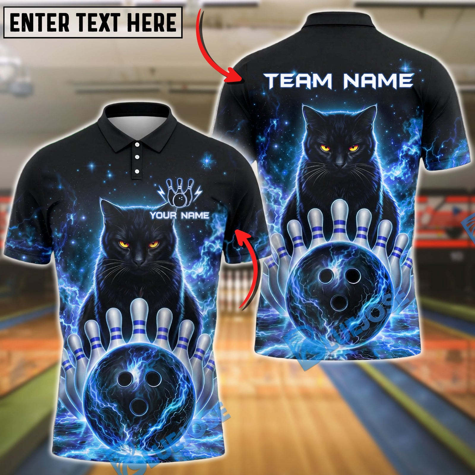 BlueJose Bowling And Pins Galaxy Cat Neon Cosmic Bowling Ball Design Customized Name, Team Name 3D Shirt (4 Colors)