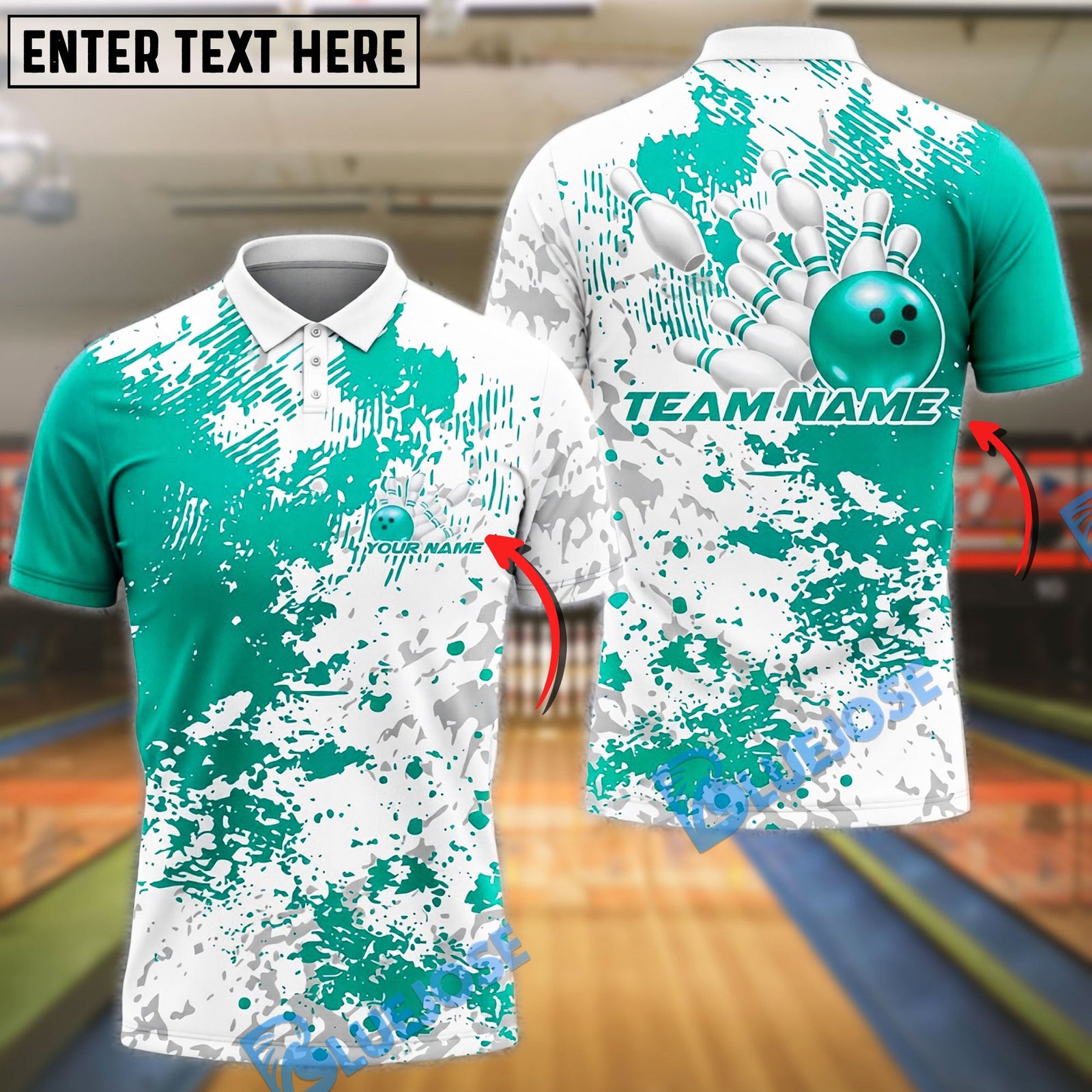 BlueJose Bowling And Pins Paint Splash Strike Artistic Pattern Customized Name, Team Name 3D Shirt (4 Colors)