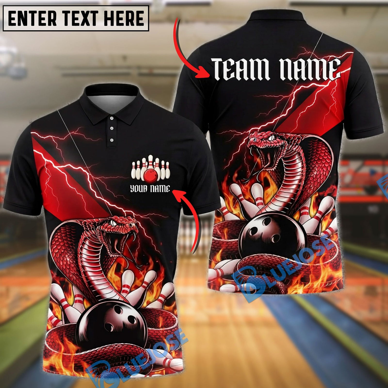 BlueJose Bowling And Pins Snake Cobra Fire Strike Aggressive Graphic Customized Name, Team Name 3D Shirt (4 Colors)