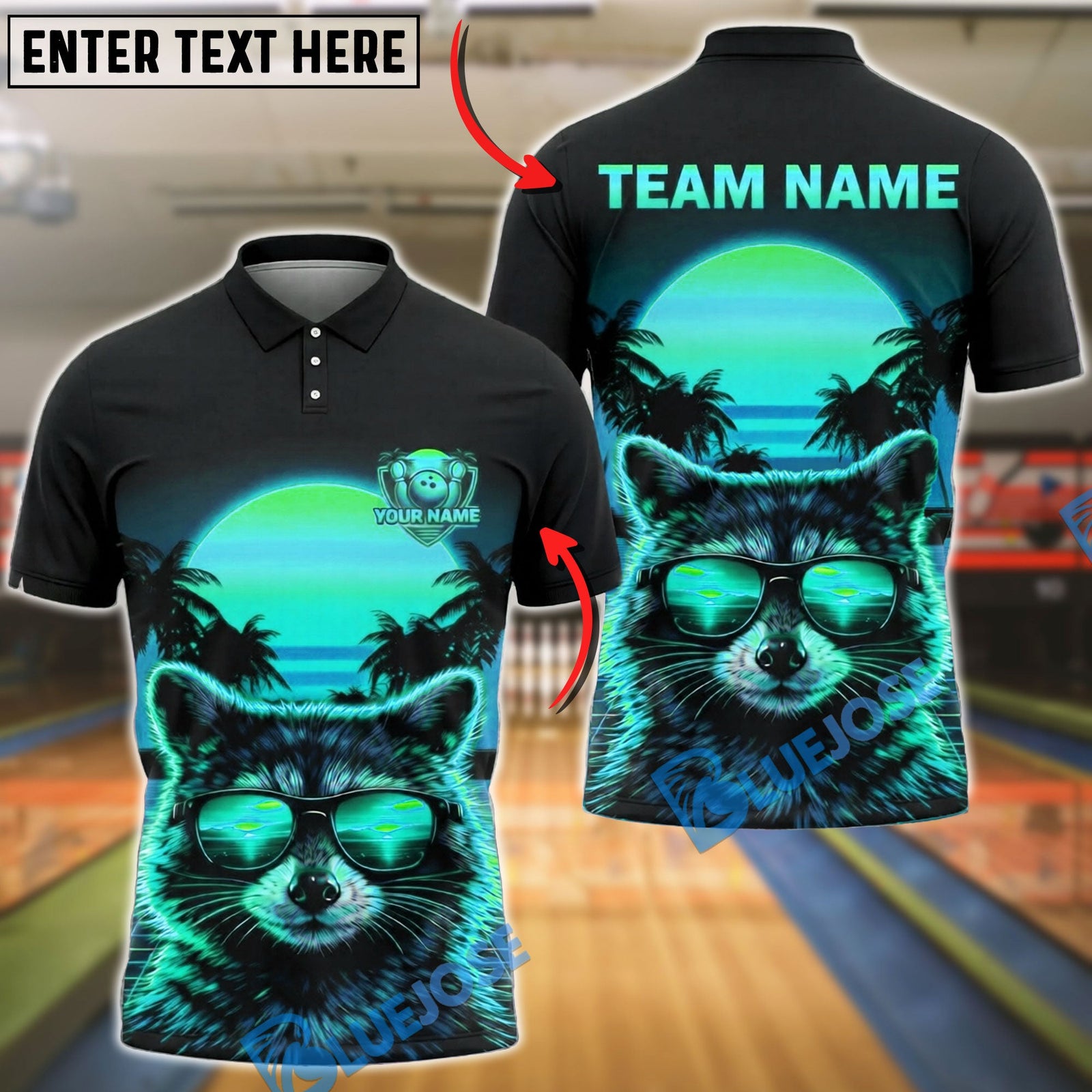 BlueJose Bowling And Pins Raccoon Sunset Retro Vaporwave Style Customized Name, Team Name 3D Shirt (4 Colors)