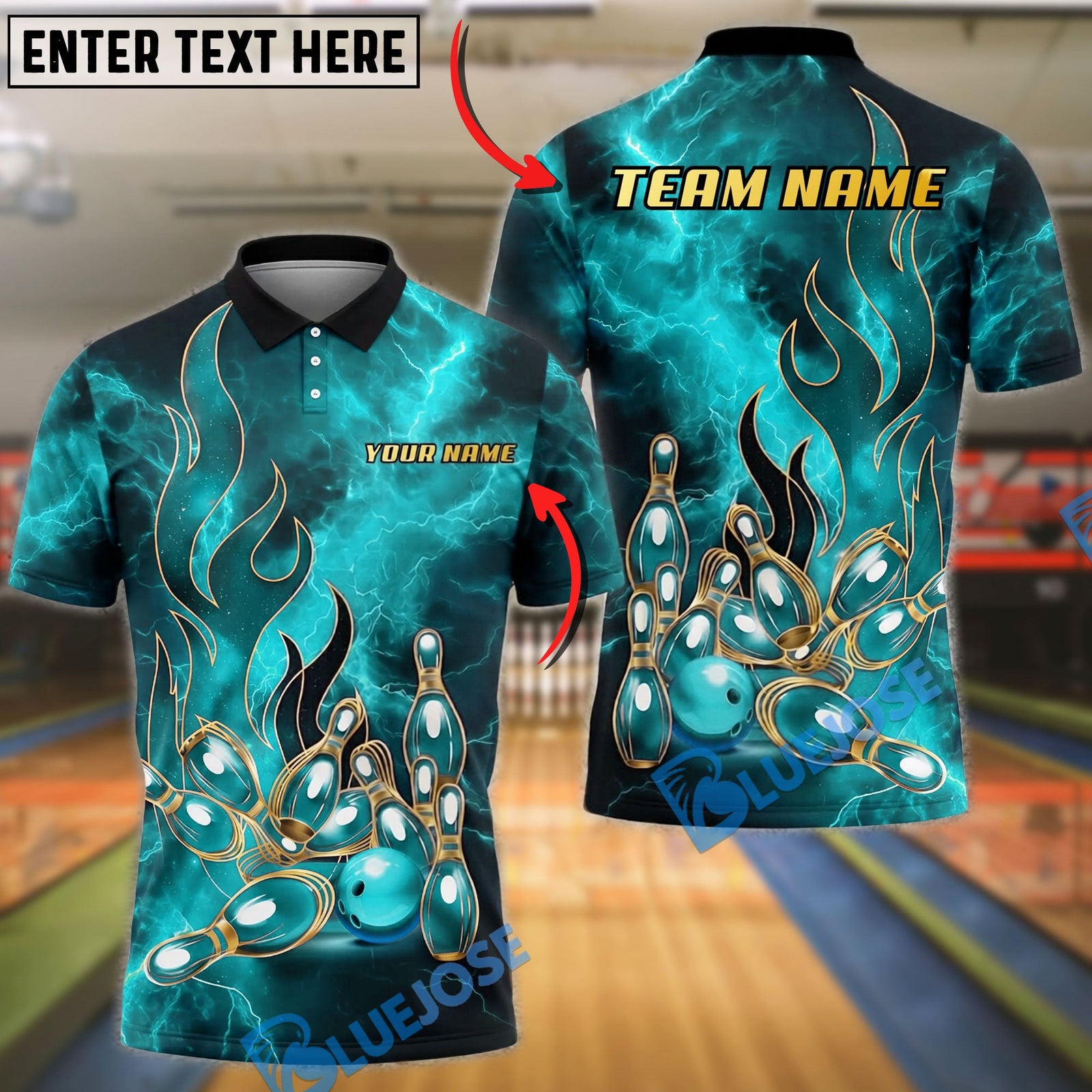 BlueJose Bowling And Pins Lightning Strike Pins Energy Flame Design Customized Name, Team Name 3D Shirt (4 Colors)