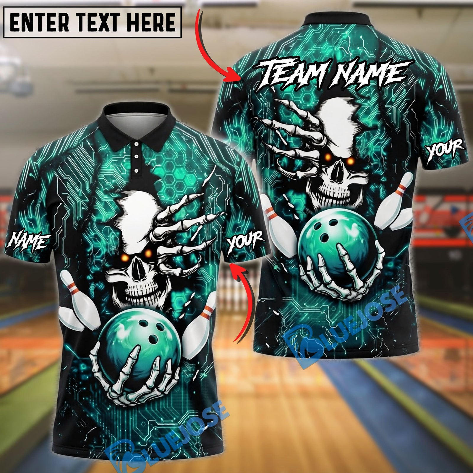 BlueJose Bowling And Pins Cyber Skull Neon Circuit Graphic Customized Name, Team Name 3D Shirt (4 Colors)